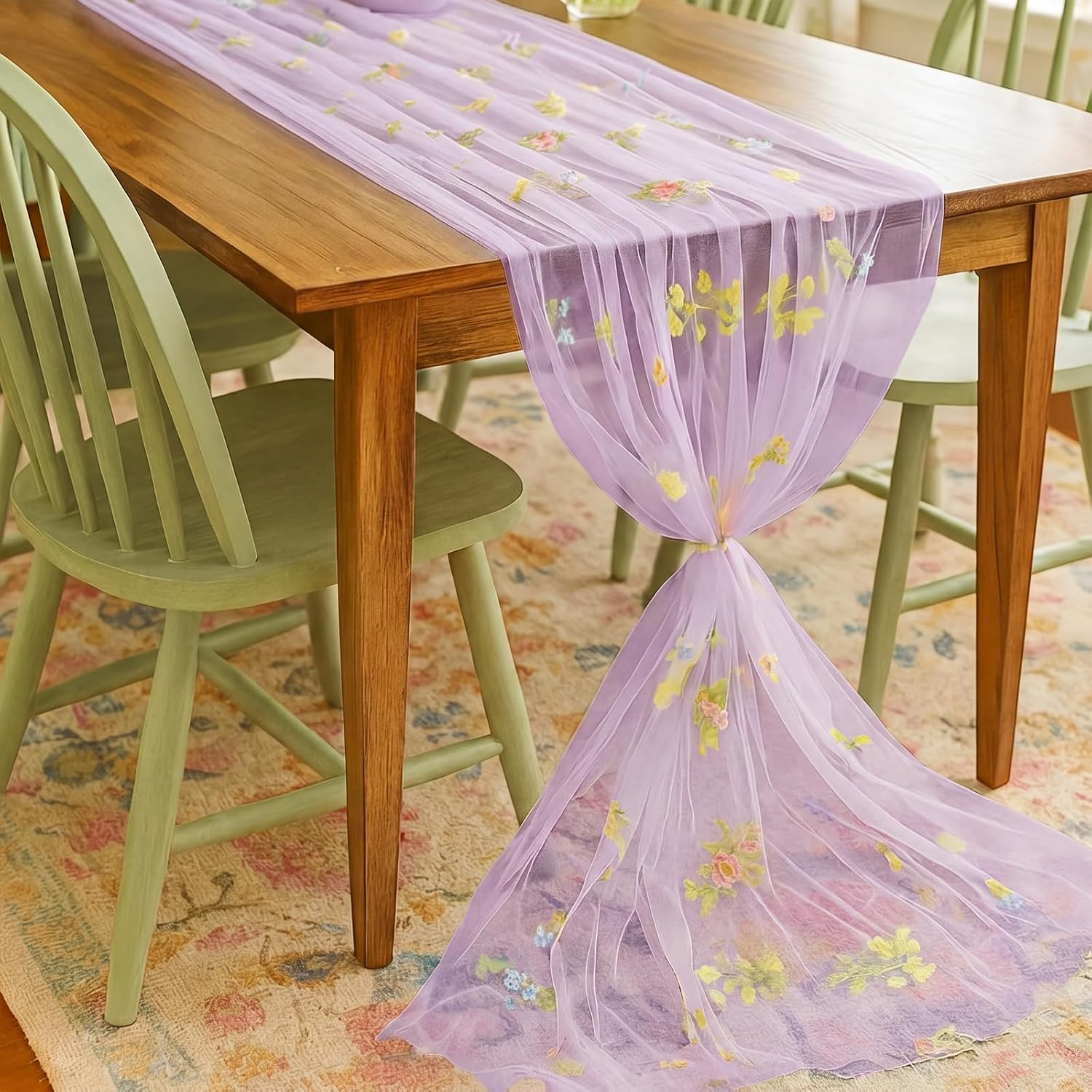 Lounsweer 6 Pcs White Wildflower Table Runner 10ft Embroidery Tulle Spring Floral Table Runner Seasonal Summer Butterfly Kitchen Dining Gauze Decoration for Wedding Baby Shower Birthday Party