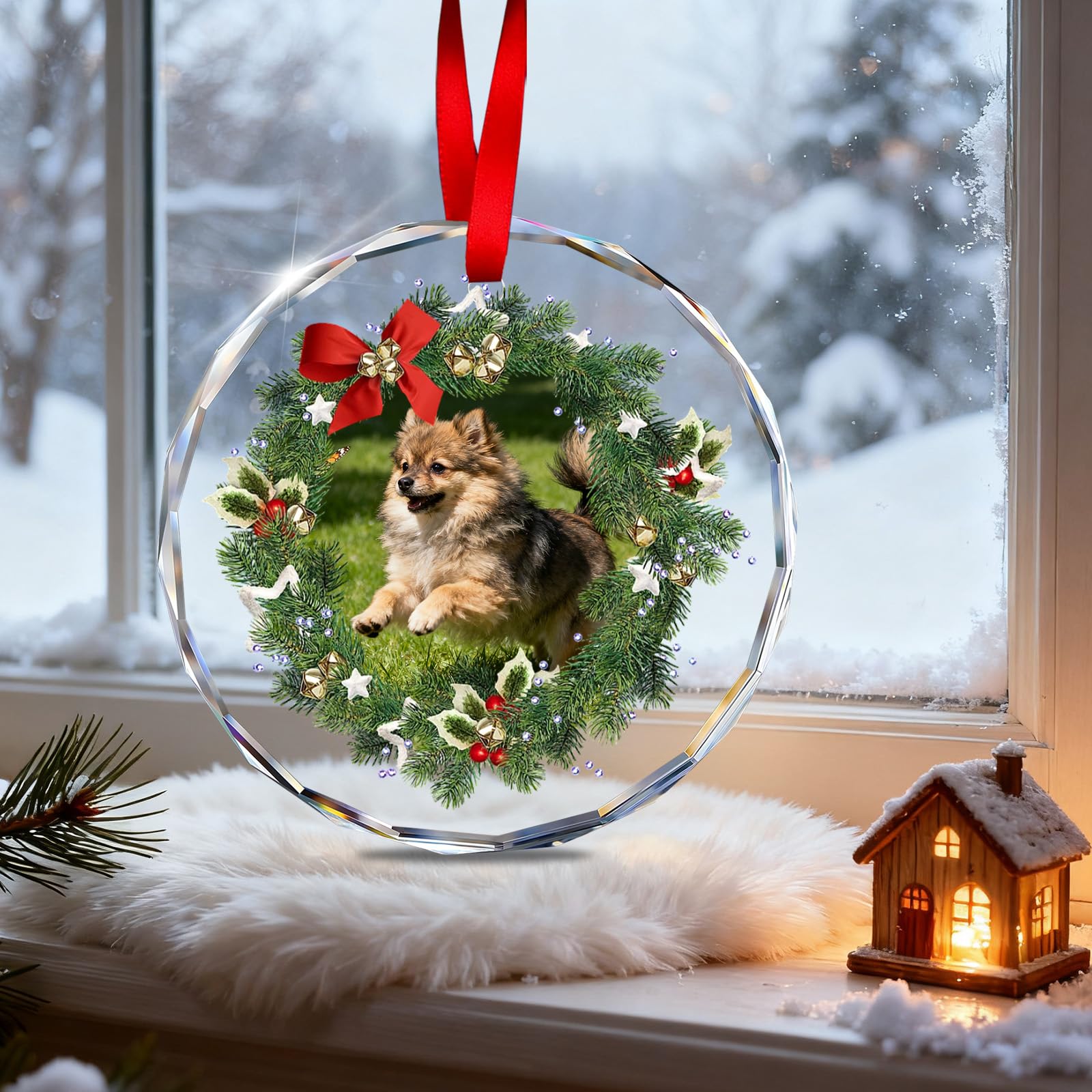 Personalised Crystal Christmas Ornaments, Custom Photo/Text/Name Crystal Glass Keepsake for Christmas, Weddings, Couple Family Pet Bridal (Circle Wreath Version)