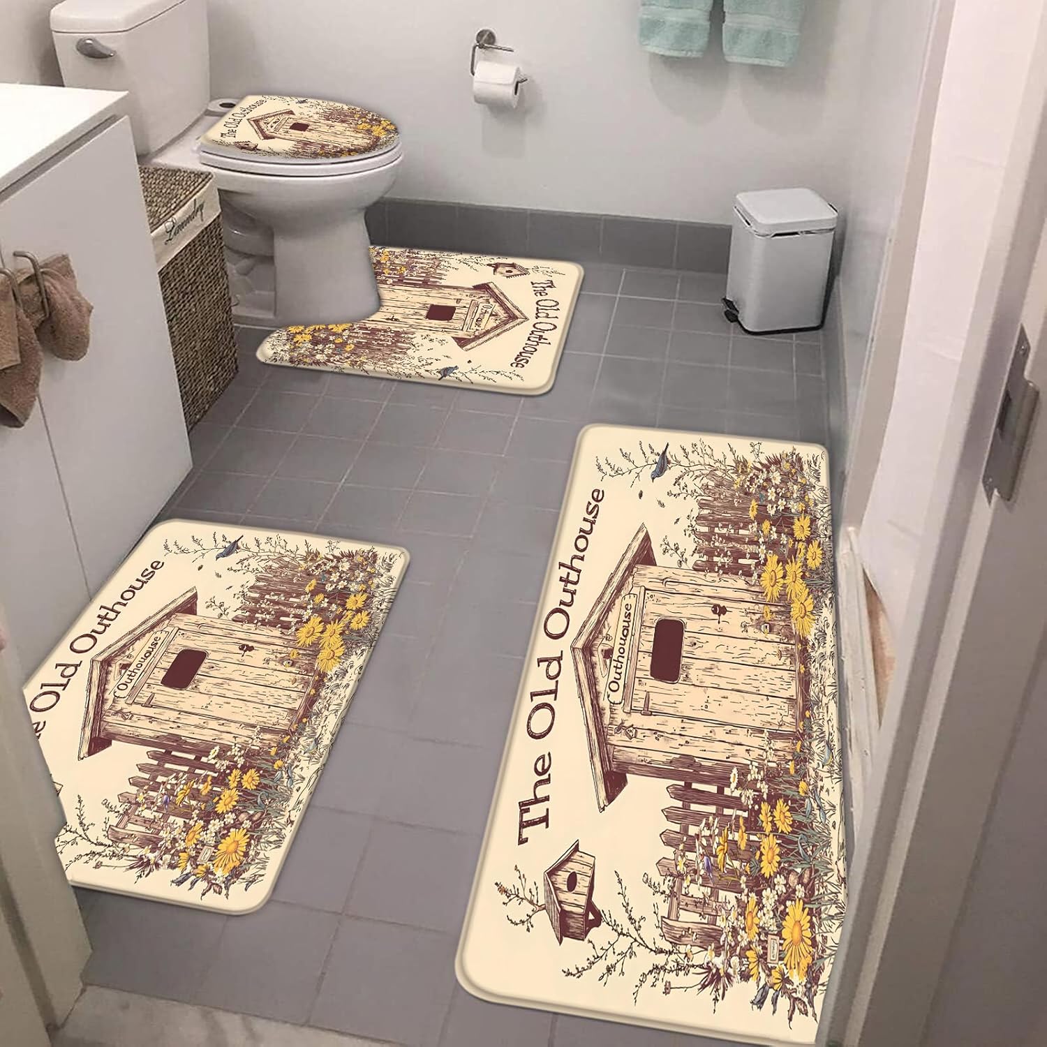 4PCS Outhouse Bath Mat Set Old House Spring Garden Floral Flower Bird Vintage Rustic Farmhouse Wooden Fence Backhouse Bath Mats,Toilet Cover,U-Shaped Toilet Mat