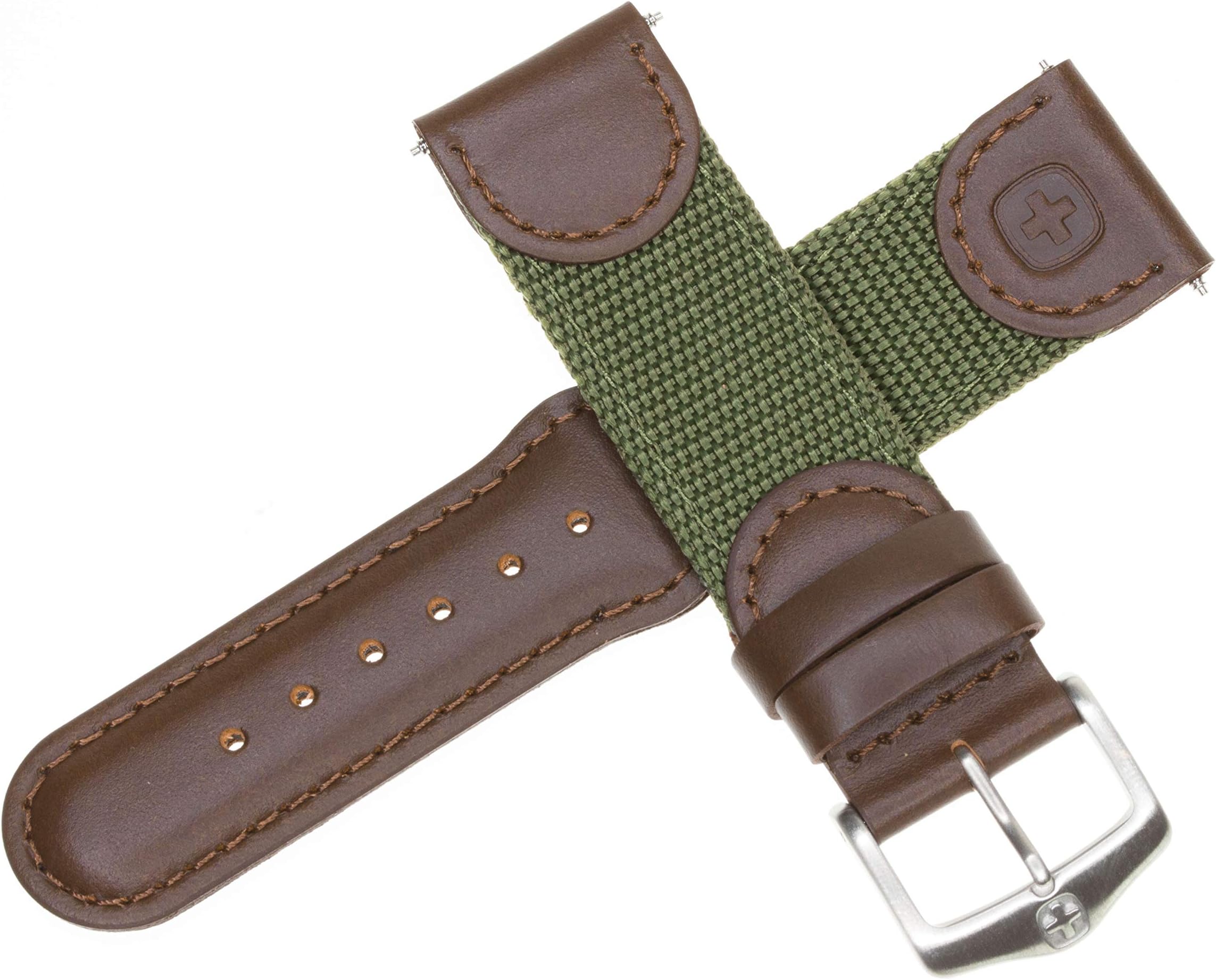 Swiss ArmyNew 20mm Wenger Swiss Army Genuine Brown Leather Strap Army Green Nylon Watch Band