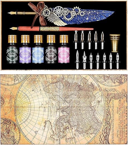 Miniatura 8 de Juego de bolígrafo y tinta, juego de tinta de pluma que incluye bolígrafo mecánico y bolígrafo de inmersión de madera, 5 colores de tinta, 12 puntas