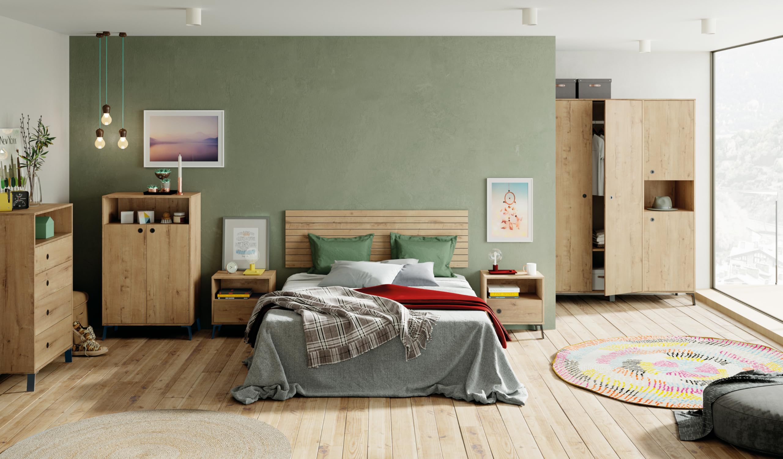 MUEBLES PITARCH | Cabecero Listones serigrafía, Cama Doble de 150, Moderno Industrial, Roble Gold, 50x160x1,6cm, Dormitorio de Matrimonio, Colección Camila