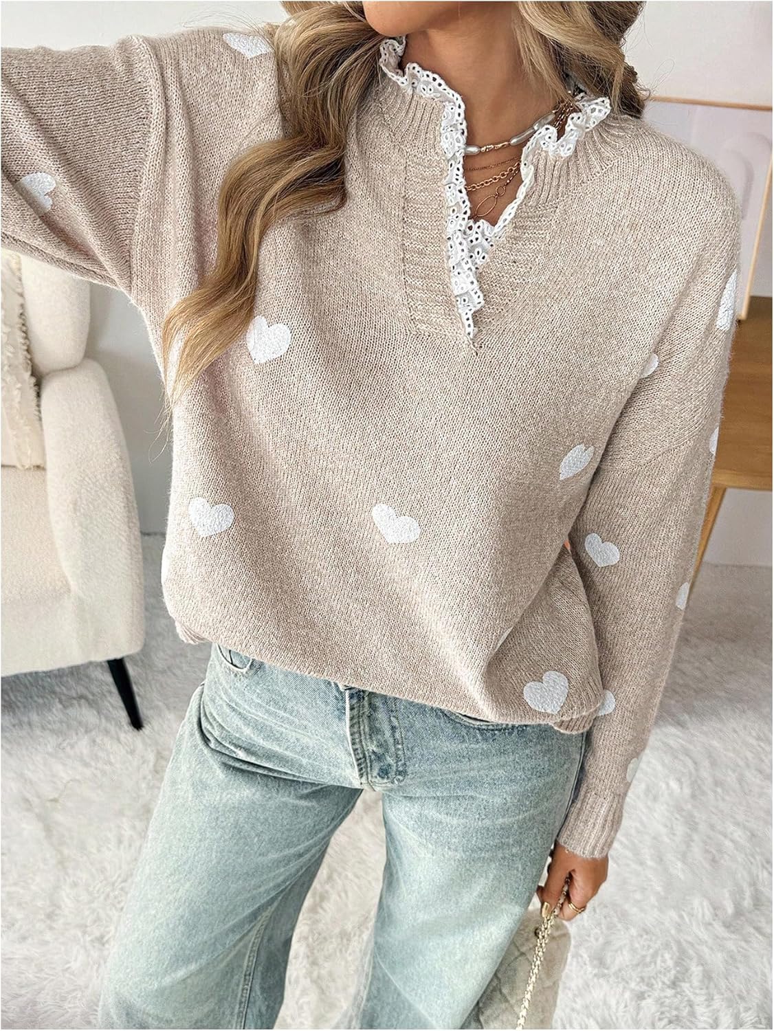 GORGLITTER Women's Heart Knitted Cozy Sweater Lace Trim Long Sleeve V Neck Cute Valentines Fall Trendy Pullover Top - Image 3