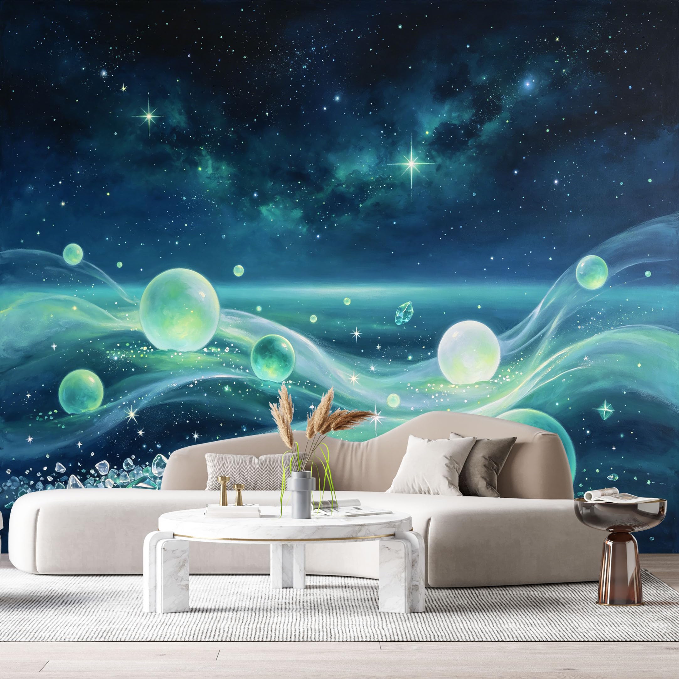 Custom Size Wall Murals Abstract Contemporary Night Sky Glowing Orbs Crystal Gems SelfAdhesiveWall Fabric Removable Wallpaper Wall Decor for Living Room Bedroom Bathroom
