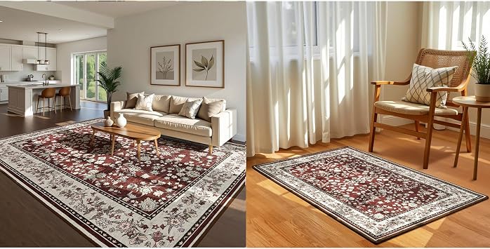Softlife 5x7 and 2x3 Feet Area Rugs for Living Room, Washable Area Rug,Vintage Floral Rugs for Bedroom Non-Slip Large Kitchen Rugs Soft Low Pile Carpet for Living Room Dining Room, Maroon and Beige