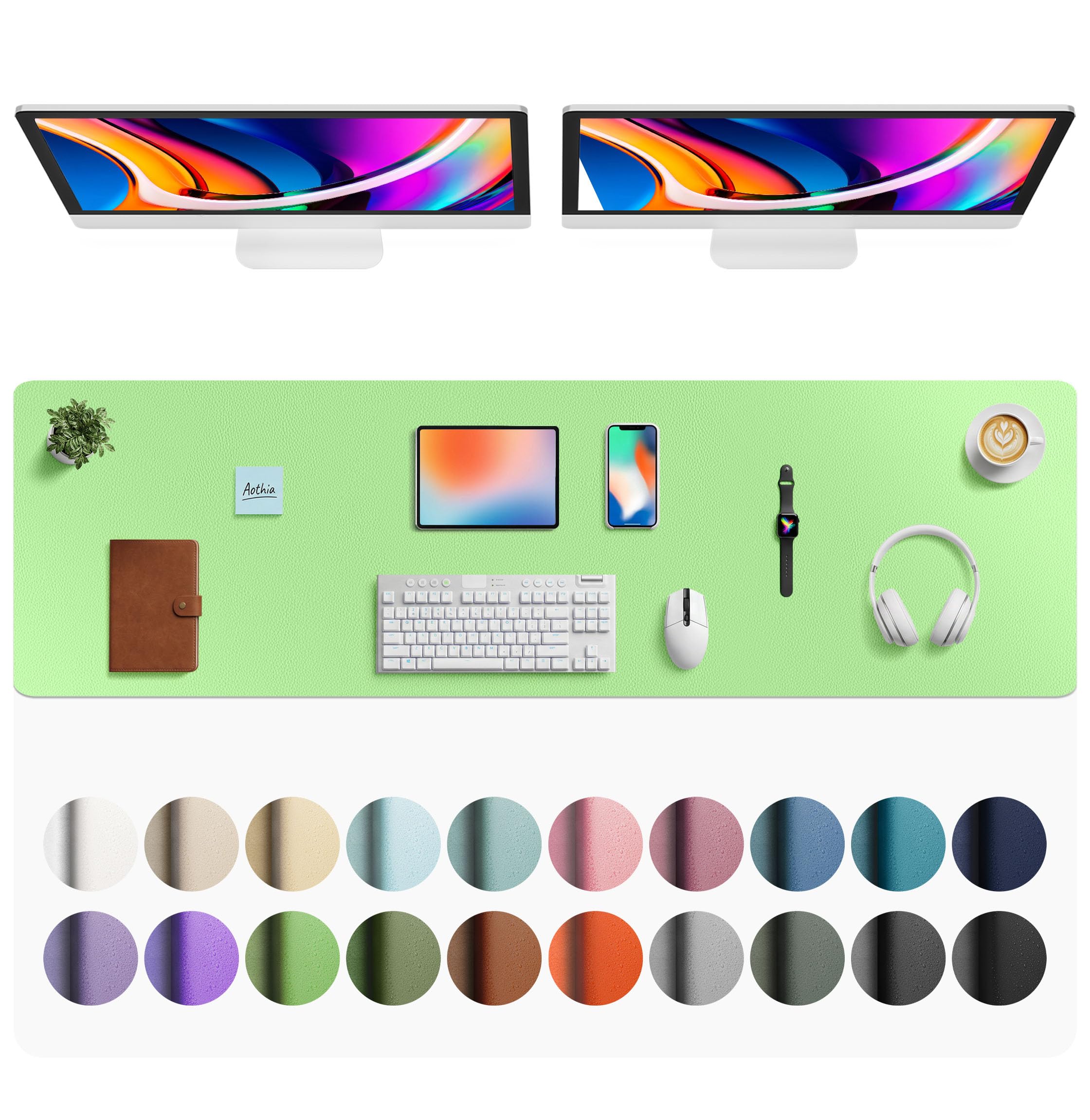 Aothia Faux Leather Desk Mat - Large Mouse Pad, Non-Slip PU Leather Blotter, Waterproof Writing Surface for Office and Home (Foam Green, 63" x 17")