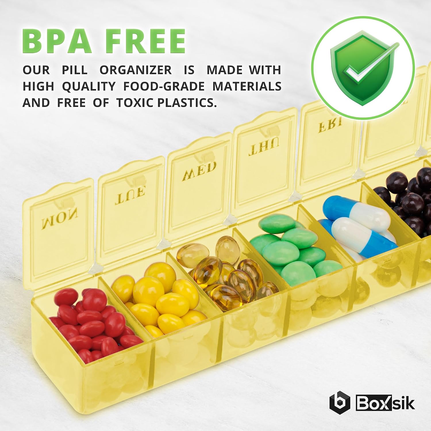 Pill Box Organiser - Yellow Tablet Box - 7-Day 1 Time a Day Medicine Storage Case Weekly Pills Container for Supplements