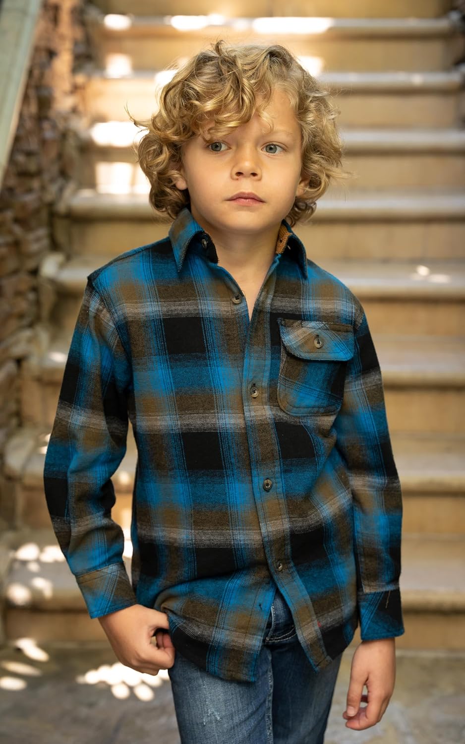 Gioberti Boy's Single Pocket Flannel Shirt with Corduroy Contrast