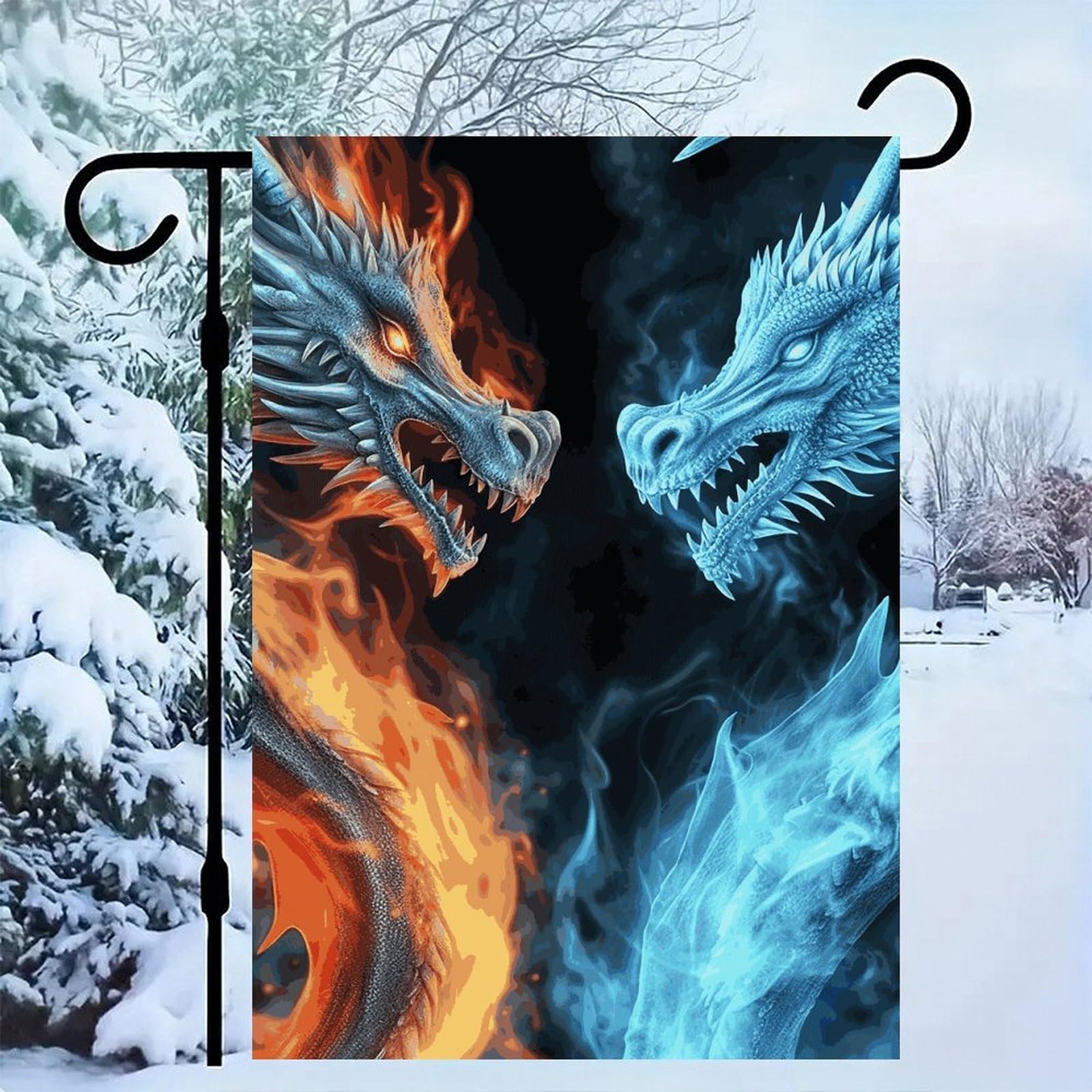 Ice And Fire Dragons Garden Flag Double Sided 12 X 18 Inch, Small Yard Flags for Outside, House Lawn Banner Wall Art Hanging Poster Indoor Outdoor Flags for Home Wall Decoration