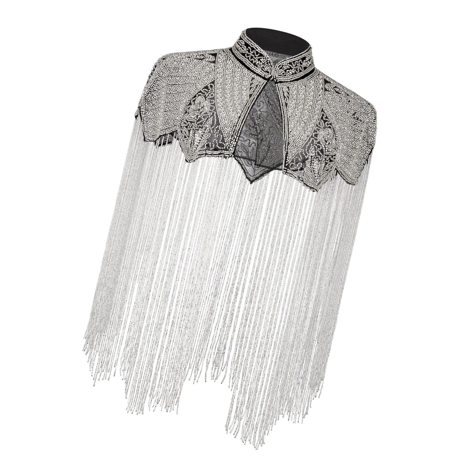 Châle élégant à longues franges avec motif géométrique perlé à la main, parfait pour les soirées et les événements formels brodés