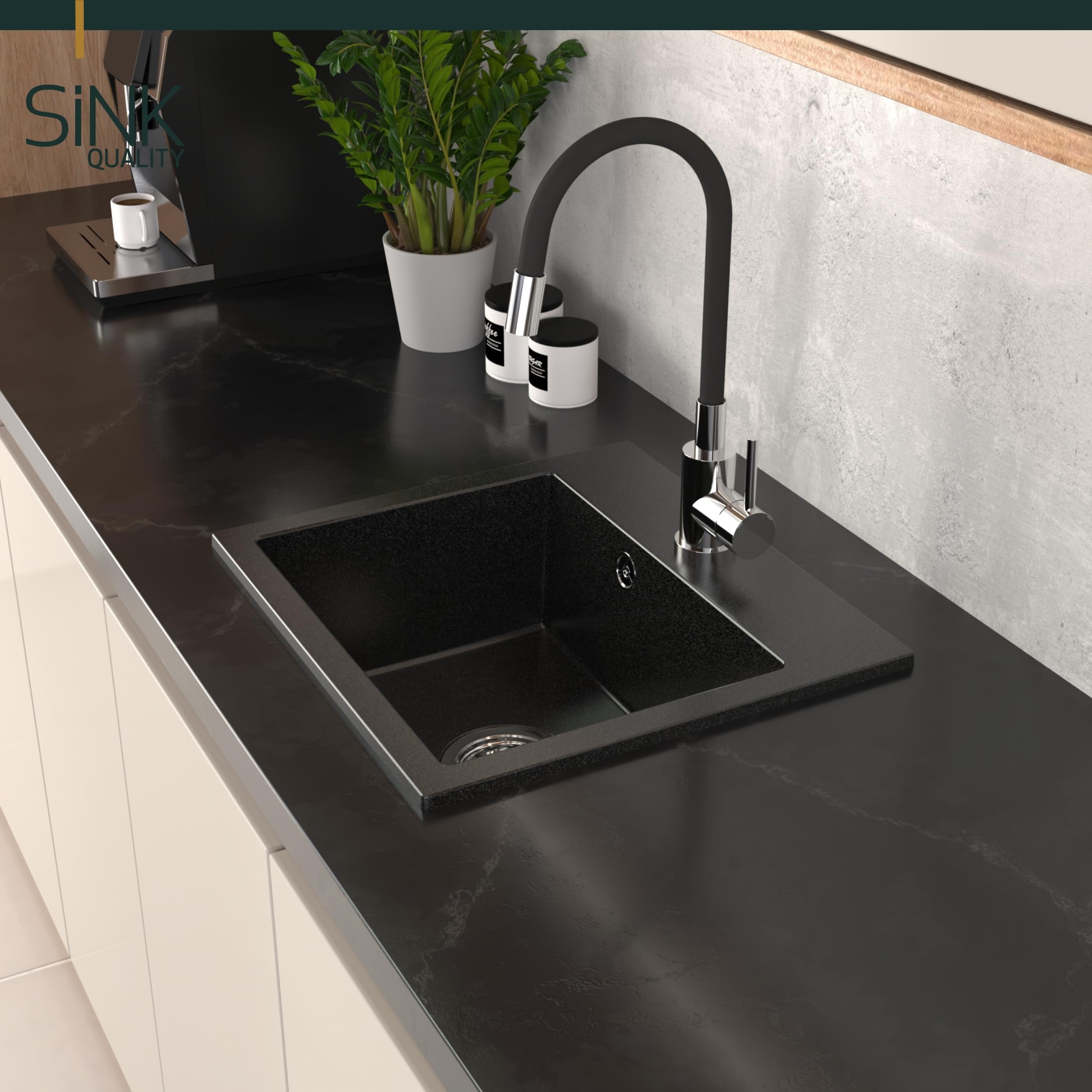 SINK Quality szary zlewozmywak z armaturą zestaw 45 × 42 cm – zlewozmywak z kranem, syfonem i impregnacją – kompletny zestaw z granitu – zlewozmywak do szafki pod umywalkę od 45 cm
