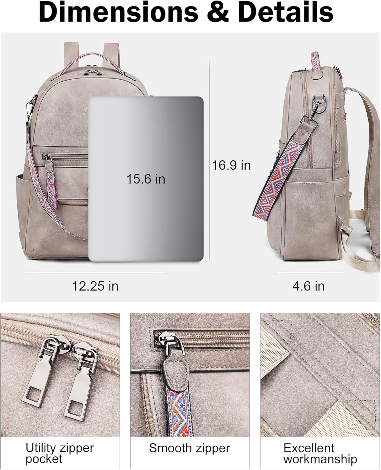 FADEON 15.6 inch Leather Laptop Backpack Purse for Women, Designer Travel PU Backpack with Laptop Compartment for Work Grey