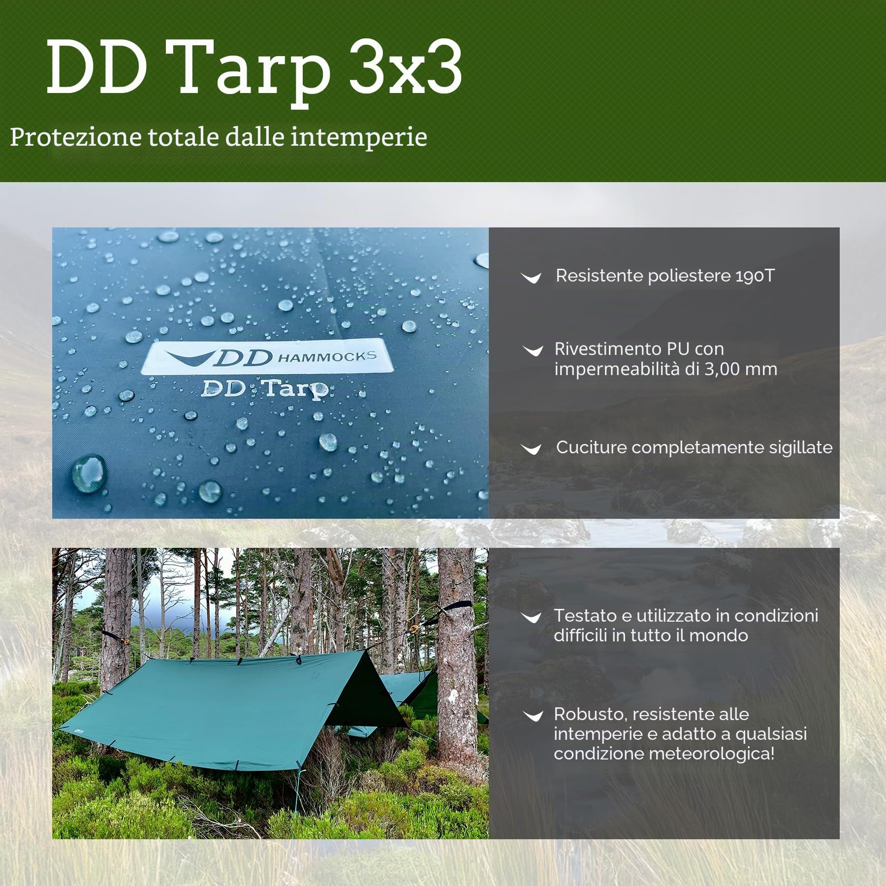 DD Hammocks - Tendalino in tela catramata, leggero, versatile e robusto, misure: 3 x 3 m