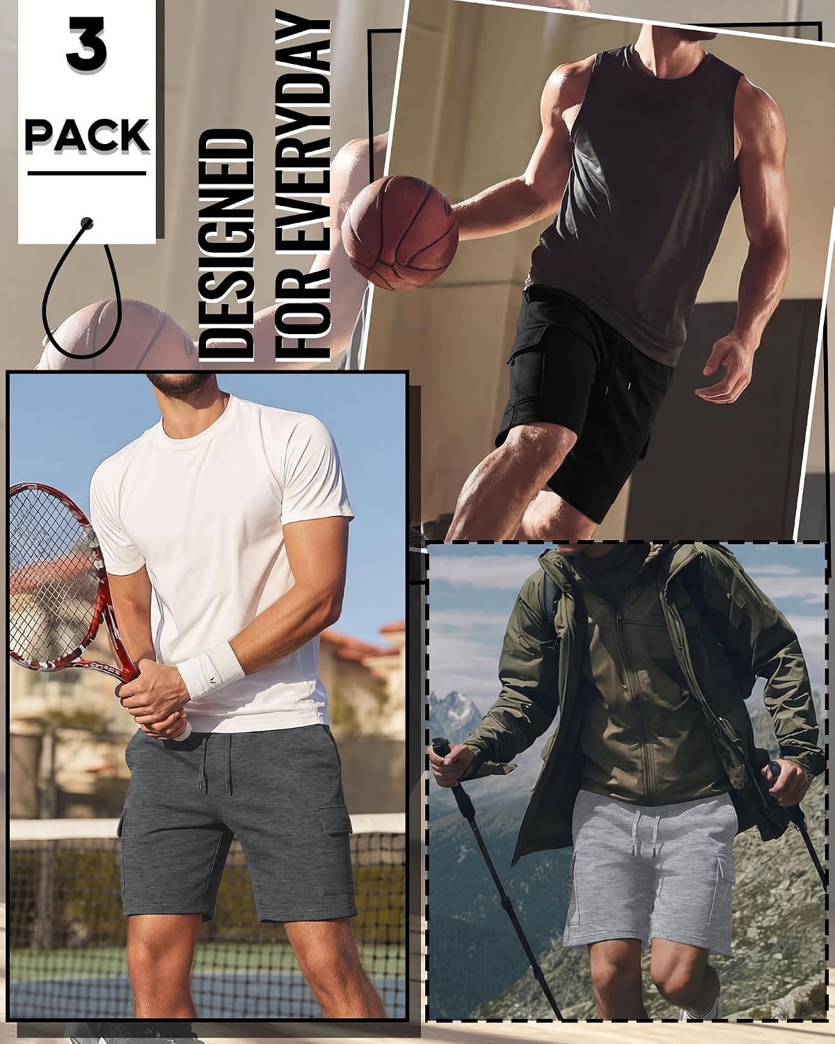 August Alley 3 Pack Men's Cargo Shorts Elastic Waist Drawstring Casual Sweat Shorts with Multi Pockets Gym Workout Outdoor