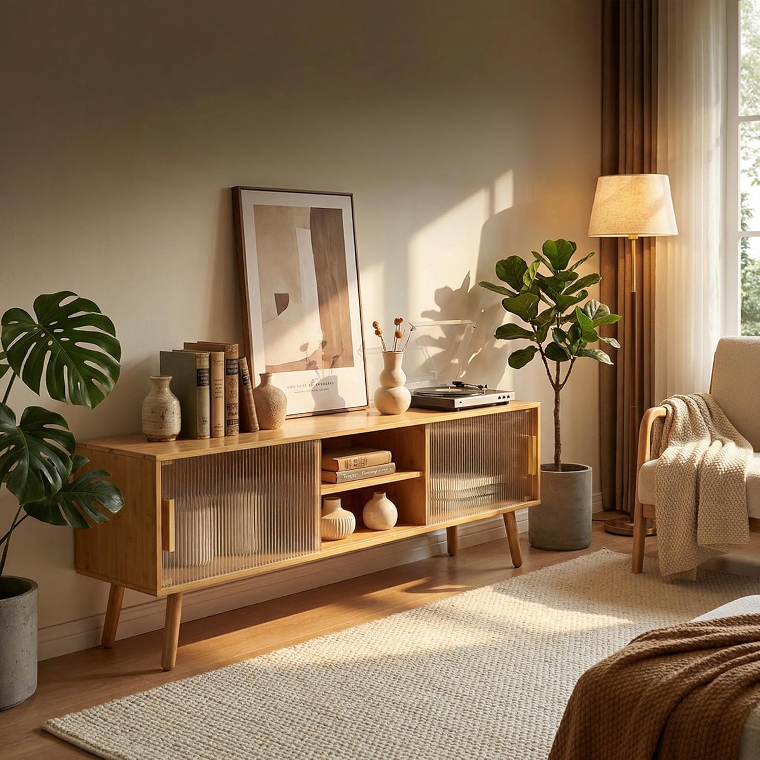 Bamboo TV Stand Entertainment Center- Mid-Century Modern Television Stand for 55-65 inch TVs, Bamboo Media Console Table, Open Storage Shelves for Living Room, Bedroom and Home Decor