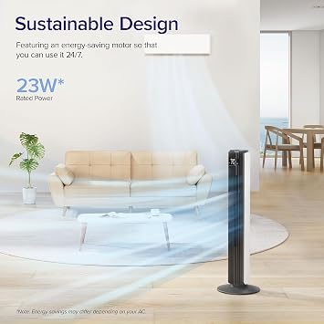Levoit 25dB Silent Tower Fan for Large Bedroom 42 Inch, 7.9m/s Powerful Velocity, 23W Low Energy, Adjustable 60° Up-down Wind & 90° Oscillating Bladeless Fan with Remote 12 Speeds 4 Modes 12H Timer