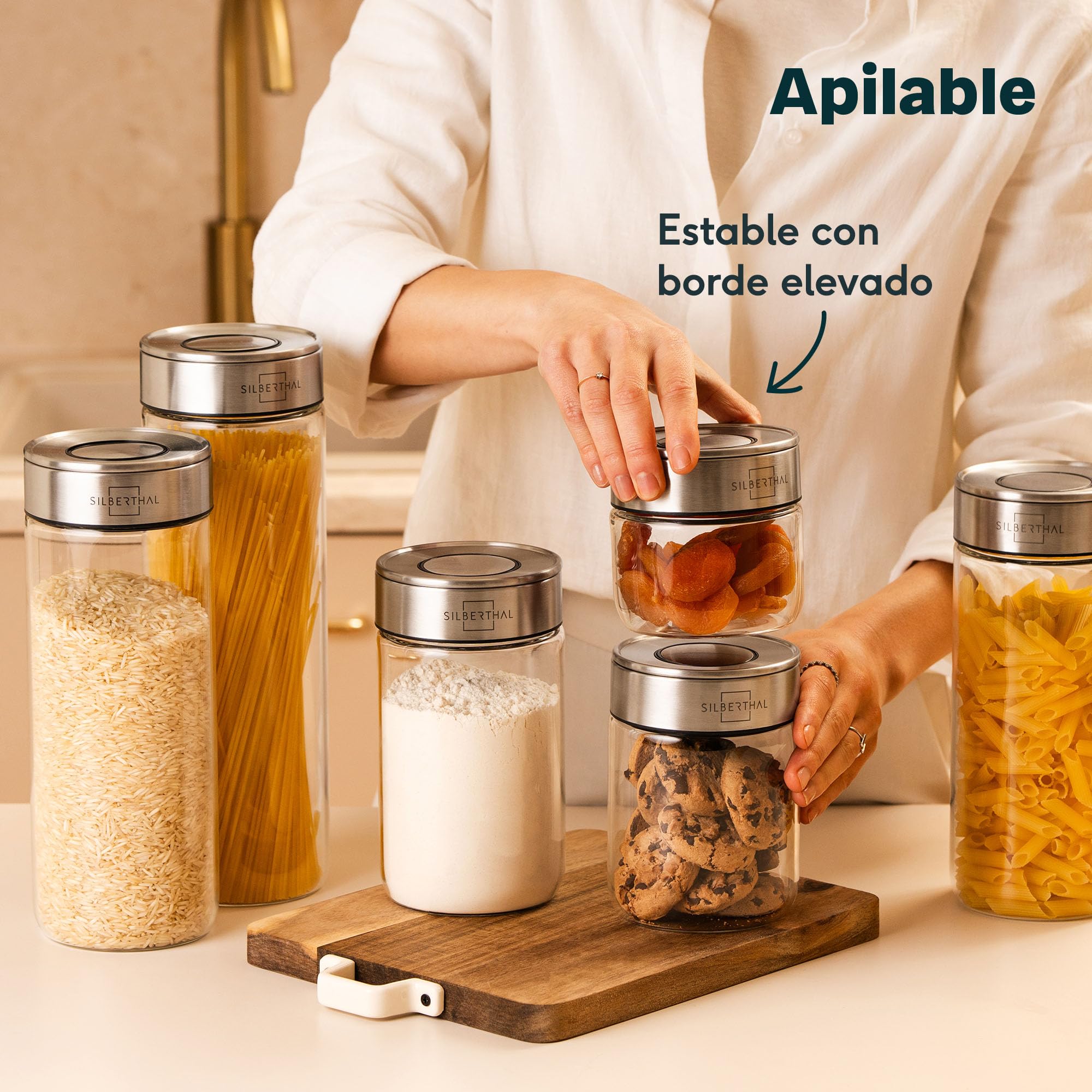 SILBERTHAL Set 6 Botes cocina almacenaje - Hermeticos y antipolillas - Vidrio y acero inoxidable - 1700ml 1500ml 1300ml 1000m 700ml y 400ml - Versión mejorada, ahora apilables - Tarros despensa