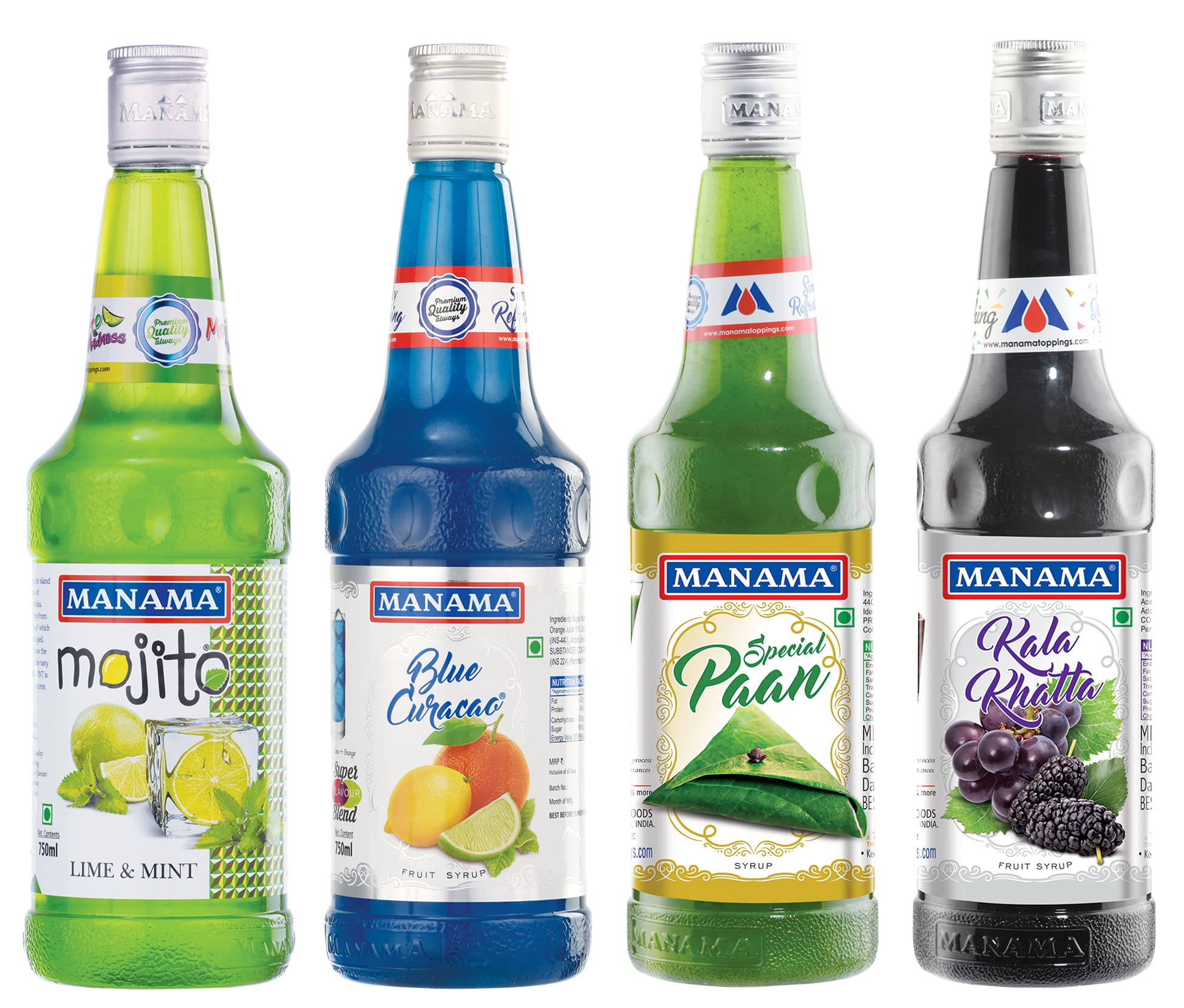 Manama Lime and Mint Mojito, Blue Curacao, Paan Syrup and Kala Khatta Flavoured Syrup (750ML Each), Pack of 4-image-39