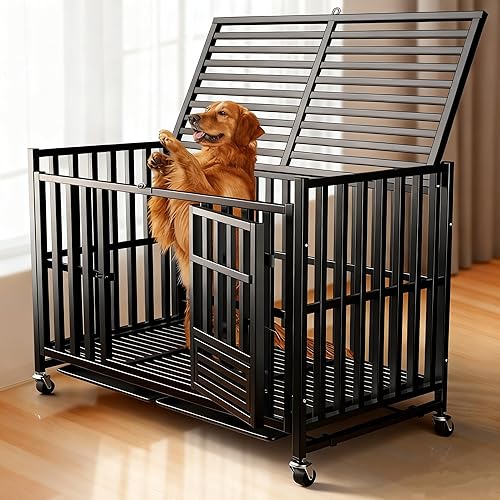 Miniatura 7 de Jaula indestructible de alta resistencia para perros grandes, perrera de metal a prueba de fugas con ruedas bloqueables y bandeja extraíble, marco