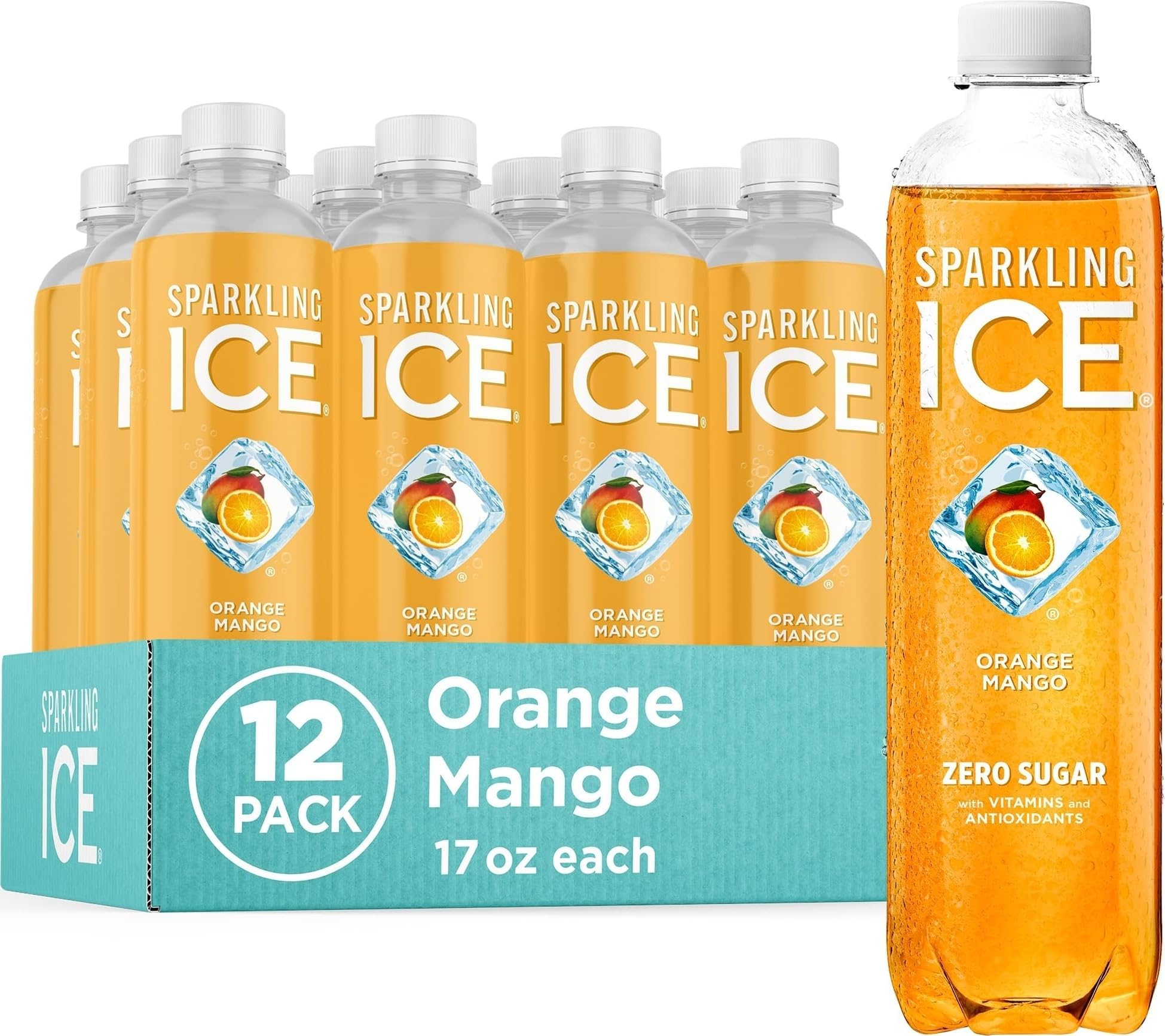 Sparkling Ice, Orange Mango Sparkling Water, Zero Sugar Flavored Water, with Vitamins and Antioxidants, Low Calorie Beverage, 17 fl oz Bottles (Pack of 12)