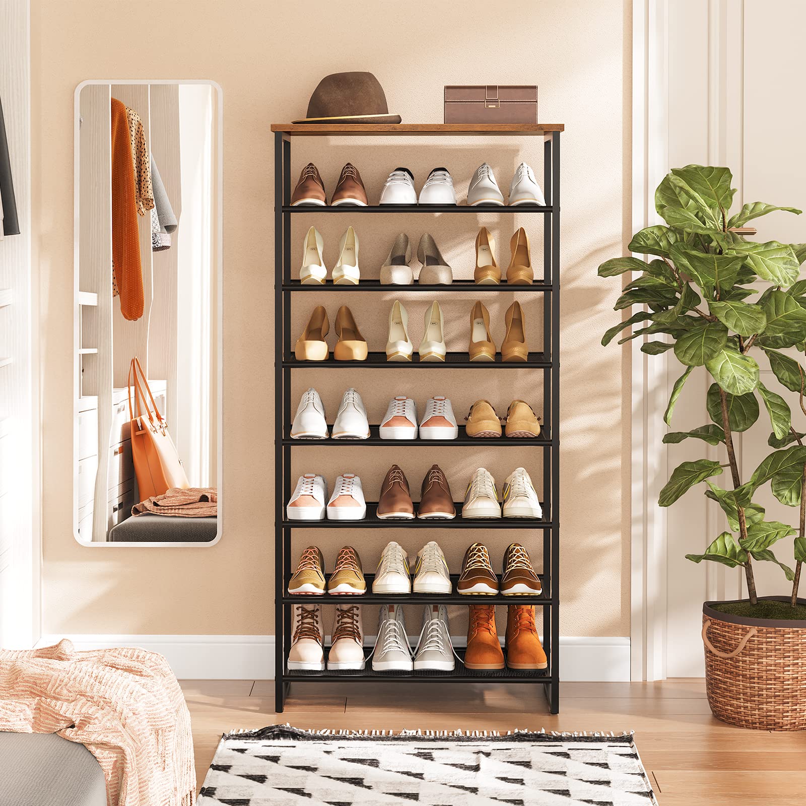HOOBRO Schuhregal, 8-stöckige hoch Schuhschrank, Gro schmal Schuhablage, 21-28 Paar Schuhe, Stabil, für Flur, Eingang, Schlafzimmer, Dunkelbraun-Schwarz EBF68XJ01