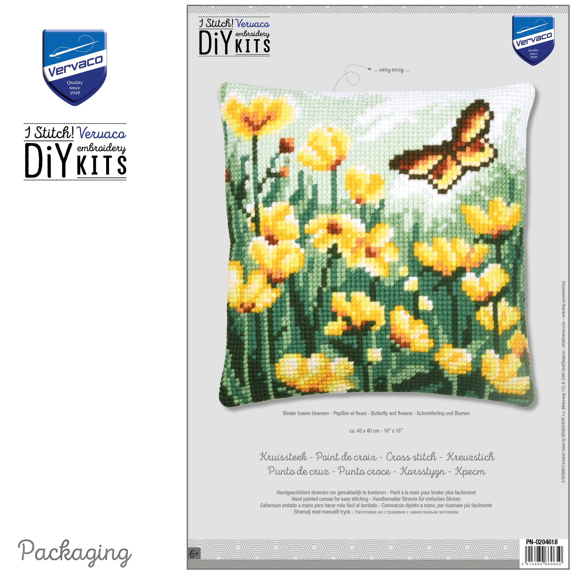 VERVACO Zestaw do Haftu Krzyżykowego Poduszka MOTYLE I KWIATY Kanwa z Nadrukiem 40 x 40 cm Gruba Włóczka Akrylowa Zrób to Sam Dekoracja Domu DIY Cross Stitch Kit