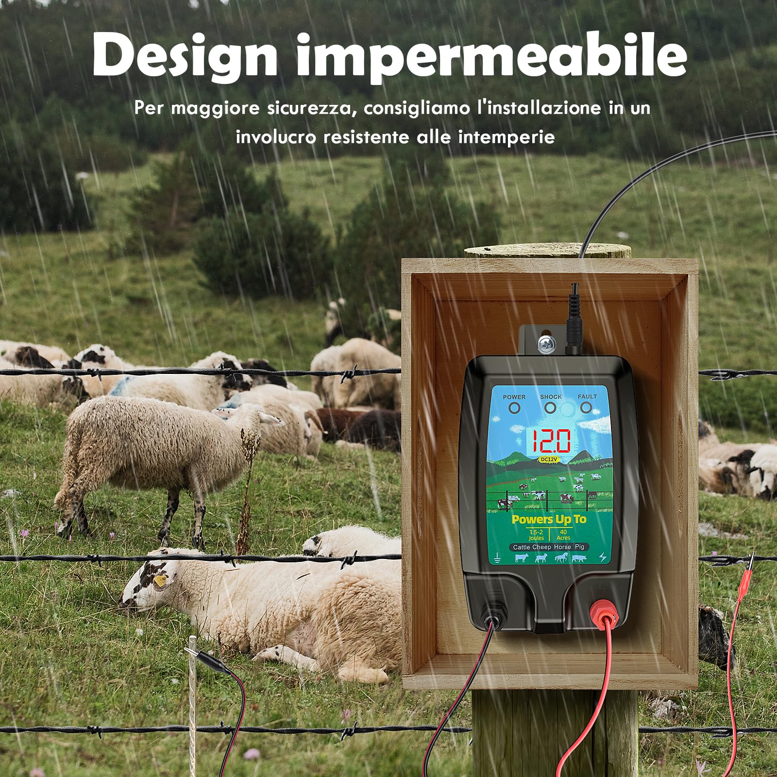 10KM Recinto Elettrico per Animali, Potente Elettrificatore per Recinzione Elettrica da 2 J con display LCD, Recinzione Elettrica Impermeabile IP44 ad Alta Potenza per Fattoria, Giardino, Pascolo