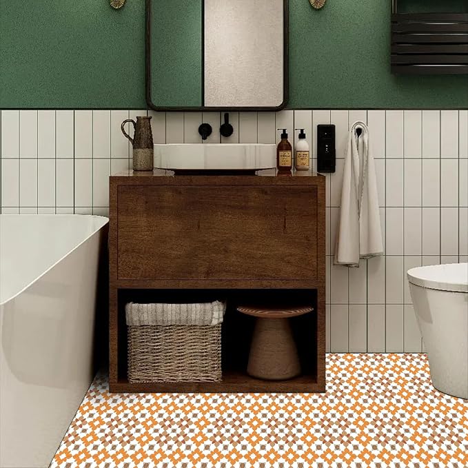 Vinilo Adhesivo Retro Floral Naranja para Piso 12x12 miniatura 7