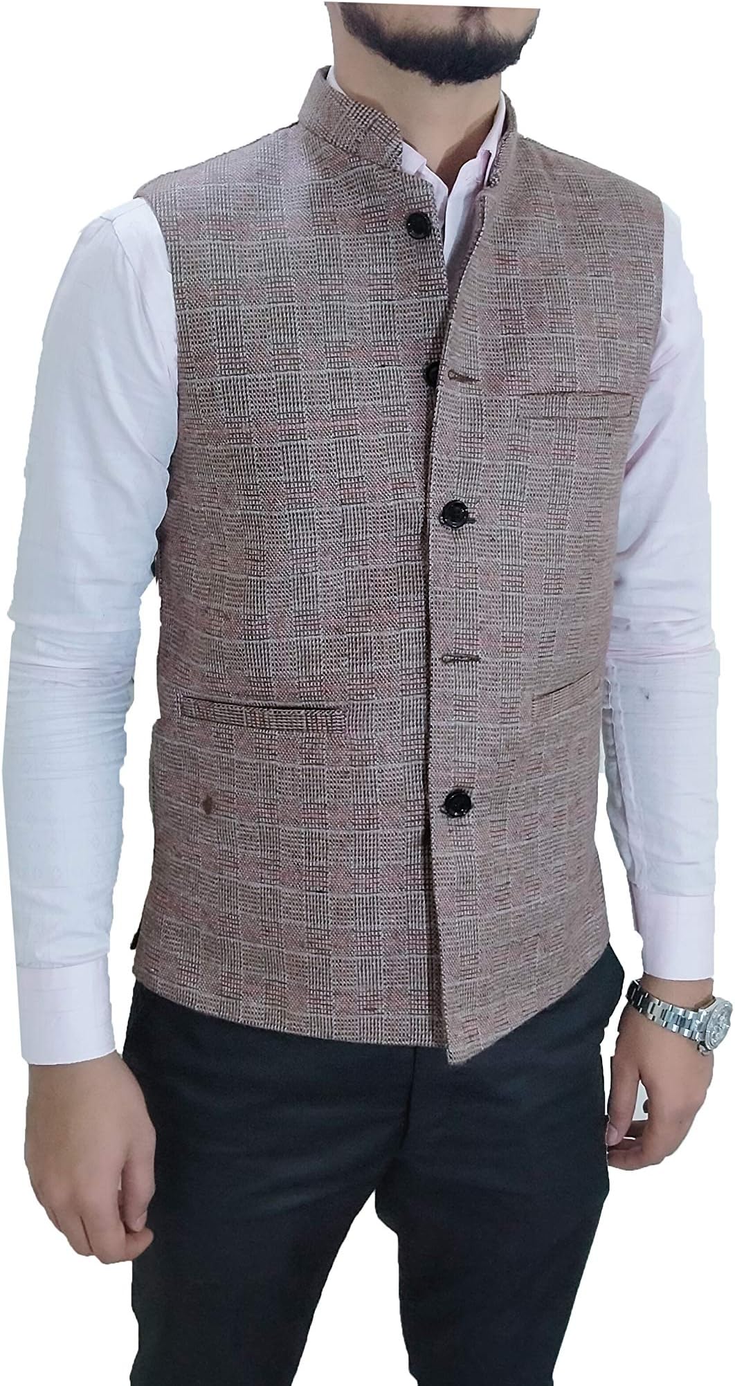 Men's Tweed Woollen Bandhgala Waistcoat Brown Checkered Sadri/Nehru Jacket for Winter