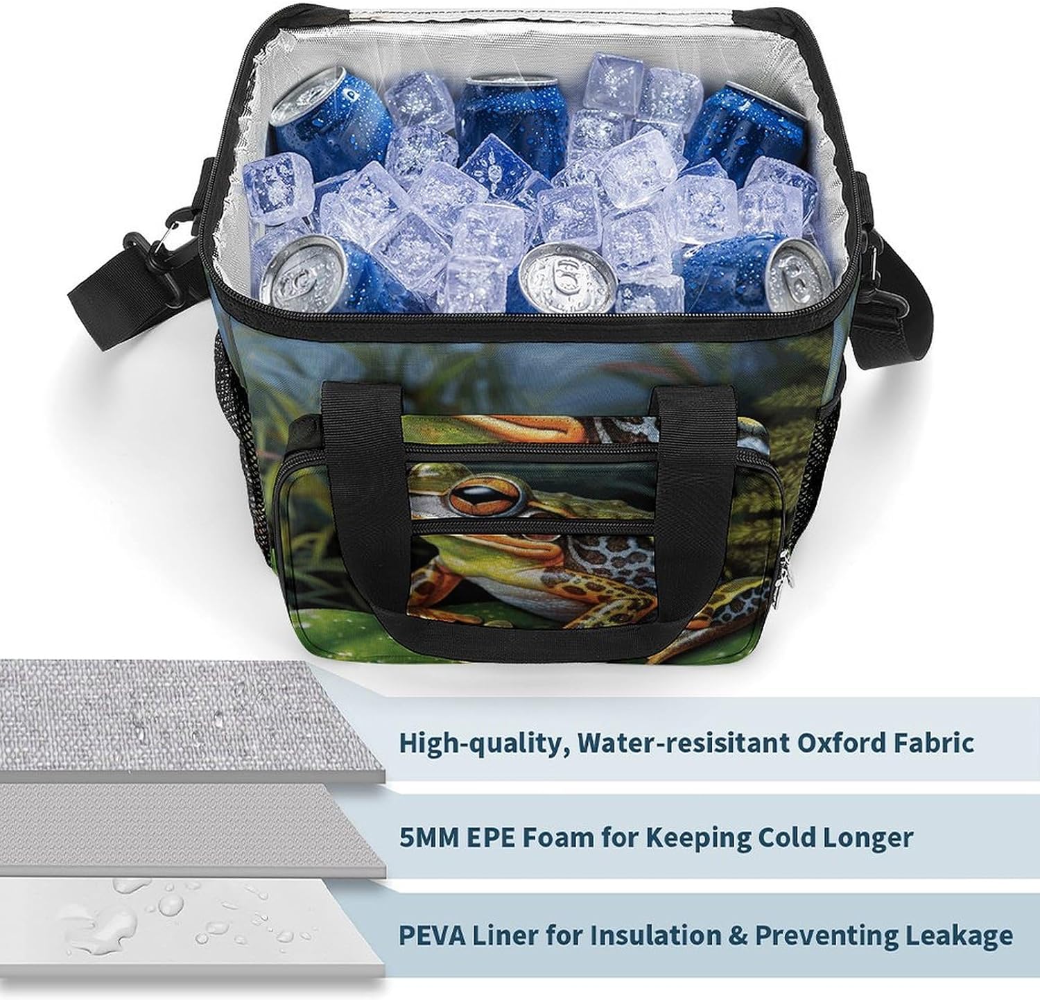 Camping Ice Pack, Tropical Forest Frog Print Cooler Bag, 22.5L Large Capacity Insulated Lunch Tote Bag for Outdoor, Picnic, BBQ, Travel, Work