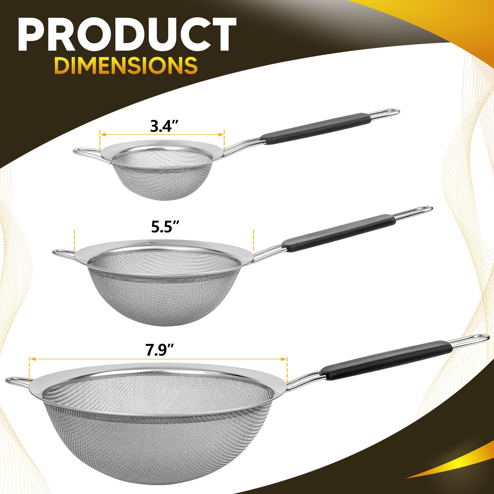 Set mit 3 feinmaschigen Sieben für die Küche | 8,6 cm, 14 cm und 20,1 cm Edelstahlsieb