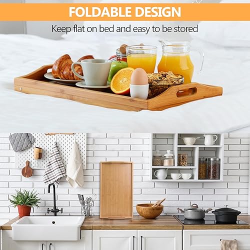 Miniatura 7 de Paquete de 2 bandejas de cama para comer, bandeja de desayuno grande de bambú de 20 x 12 pulgadas con patas y asas plegables, bandeja de servir