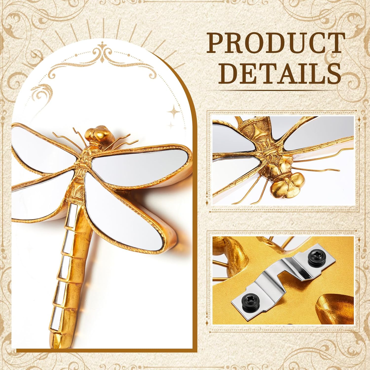 Sliner 2 Pcs Gold Resin Glass Dragonfly Wall Mirrors, Retro Decorative Whimsical Cottage Core Dragonfly Wall Decor, Ideal for Victorian and European Themed Home