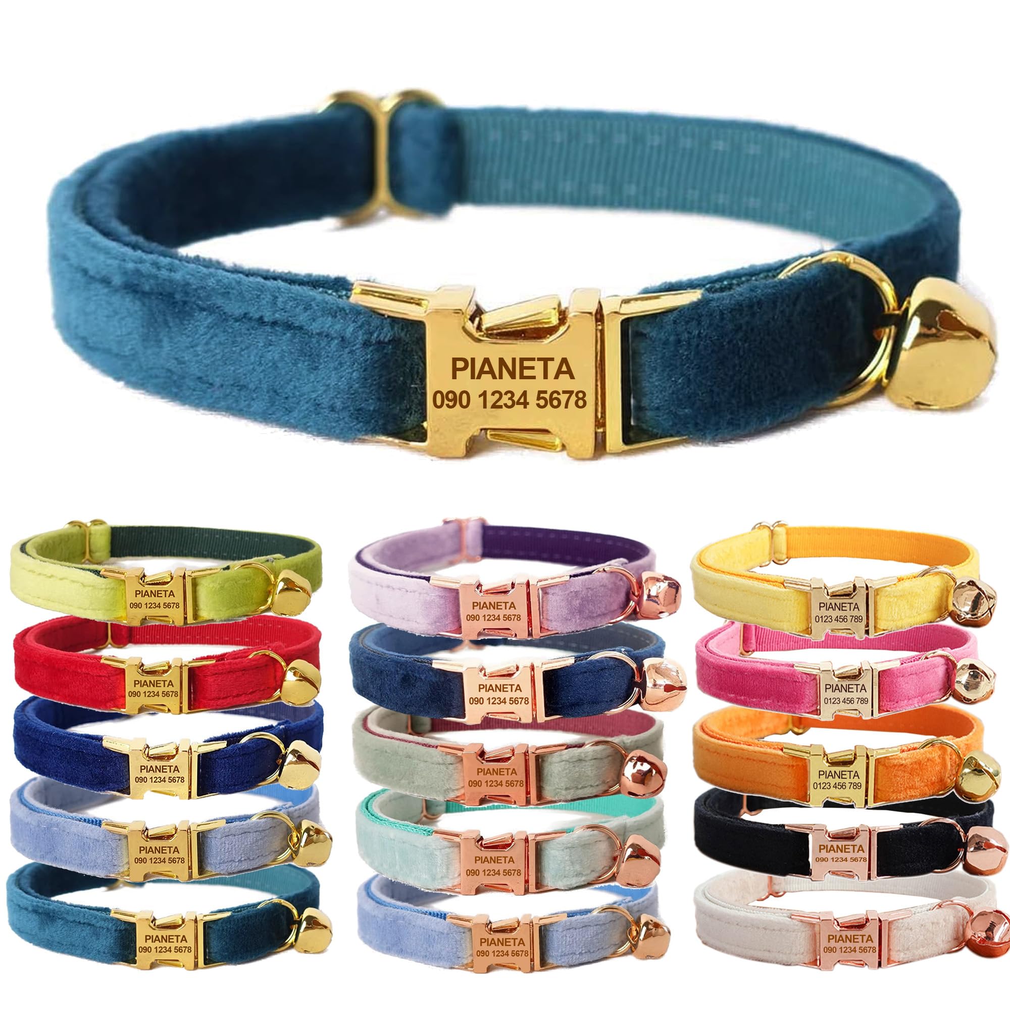 Cat Collar Personalized with Name Engraved and Bell, Customized Velvet Collars for Puppy Kittens (Green + Gold Button, S (6"-10"))