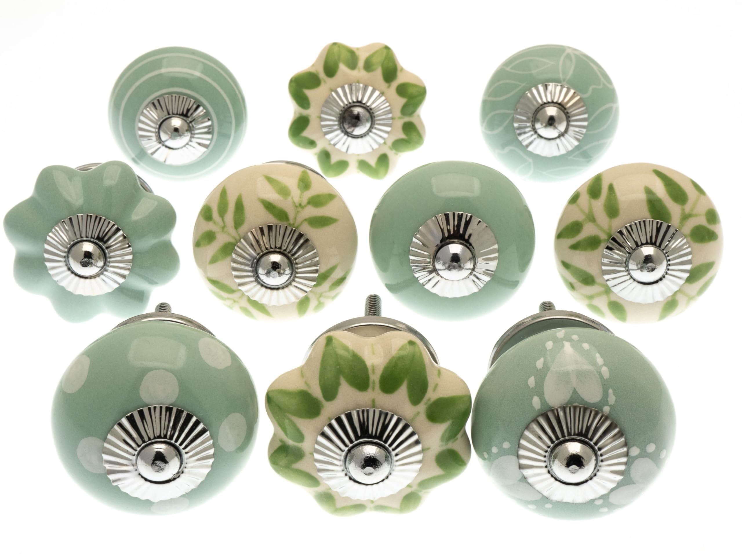Mango Tree Green Vintage Cupboard Knob – Decorative Light And Cream With Patterns, Dots, Spots And Stripes Drawer Pull And Ceramic Door Handle – Elegant Hardware Set Of 10
