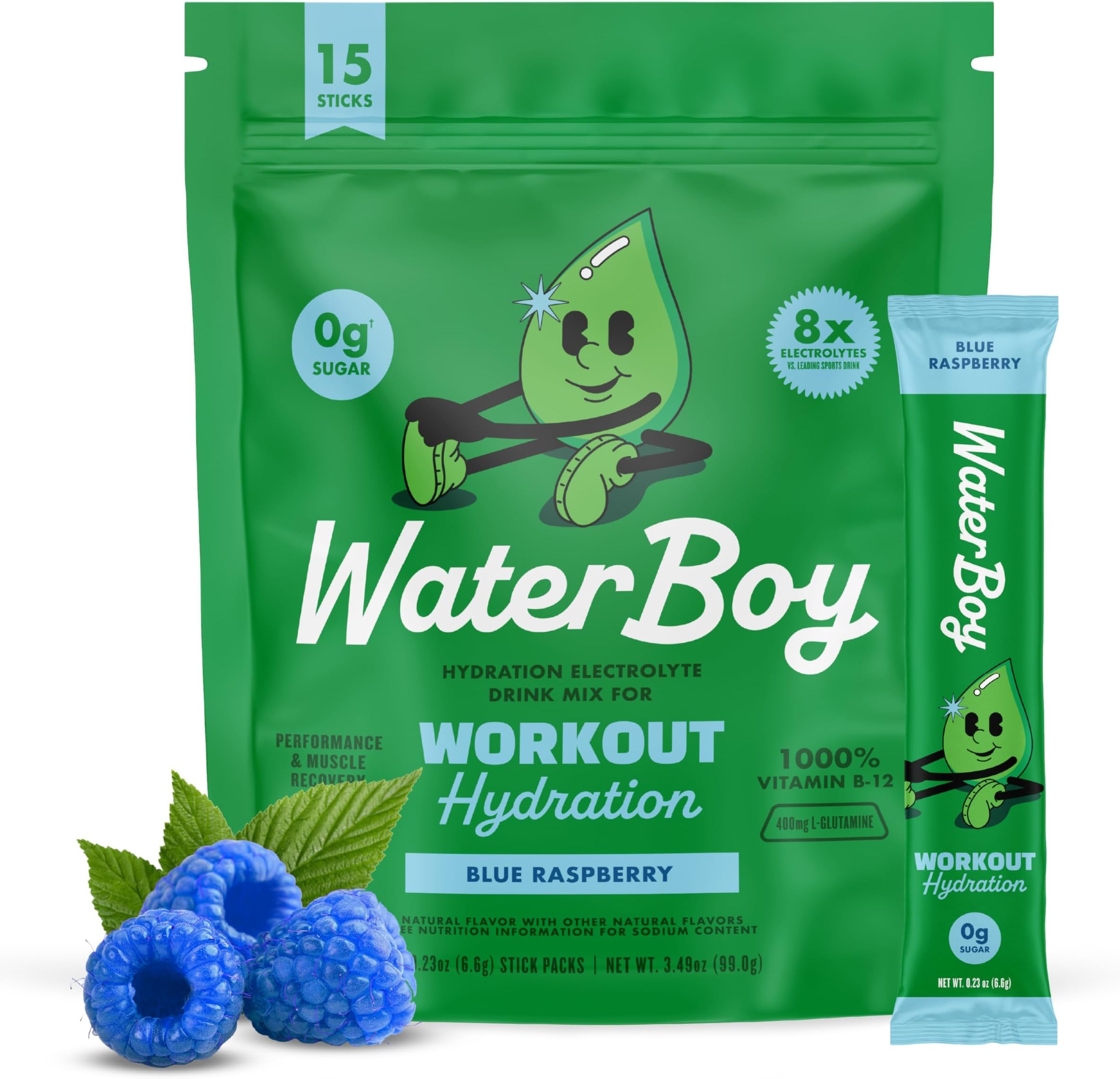 Workout Hydration | 2,960mg Sugar Free Electrolyte Powder Packets | L-Glutamine + Vitamins | No Sugar, All Natural, Gluten Free | 15 Drink Stick Mixes (Blue Raspberry)
