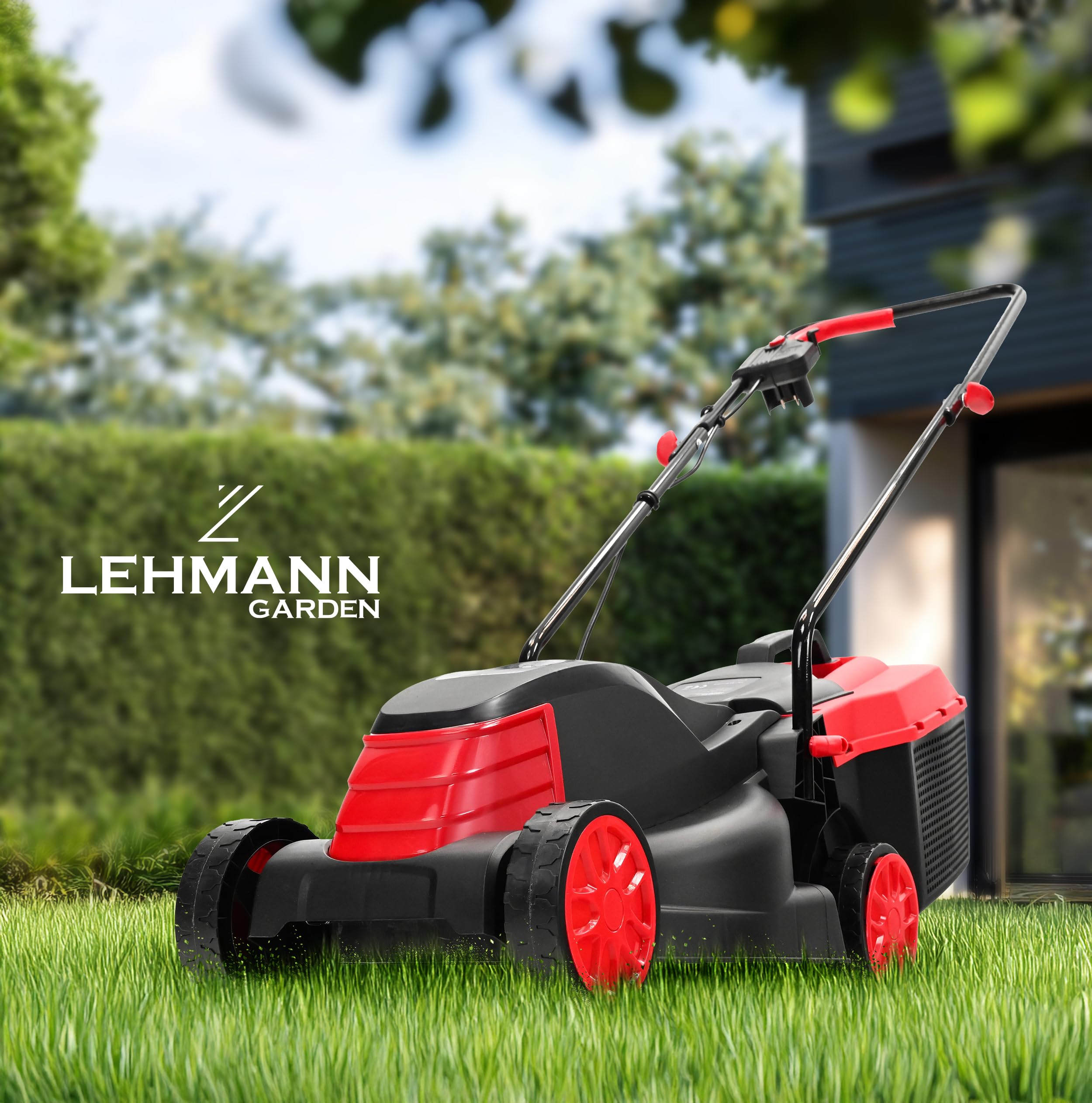 Lehmann Tondeuse à Gazon Électrique, 1200 W, Largeur de Coupe 32 cm, Bac de Ramassage 25 L, Réglage Hauteur de Coupe 3 Positions 25 à 65 mm, Jusqu’à 500 m², 3450 TR/Min