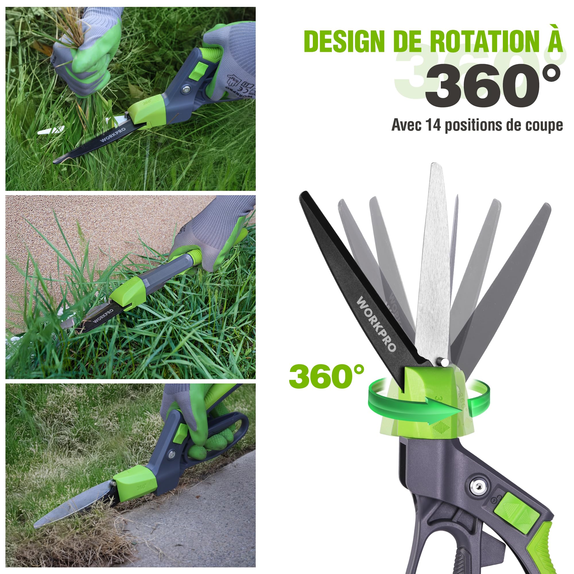 WORKPRO Cisaille à Gazon Rotative 360°, Cisaille Orientable avec Verrou de Sécurité, Poignée Ergonomique, Outil de Jardinage pour Pelouse, Plantes, Bonsaïs et Bordures