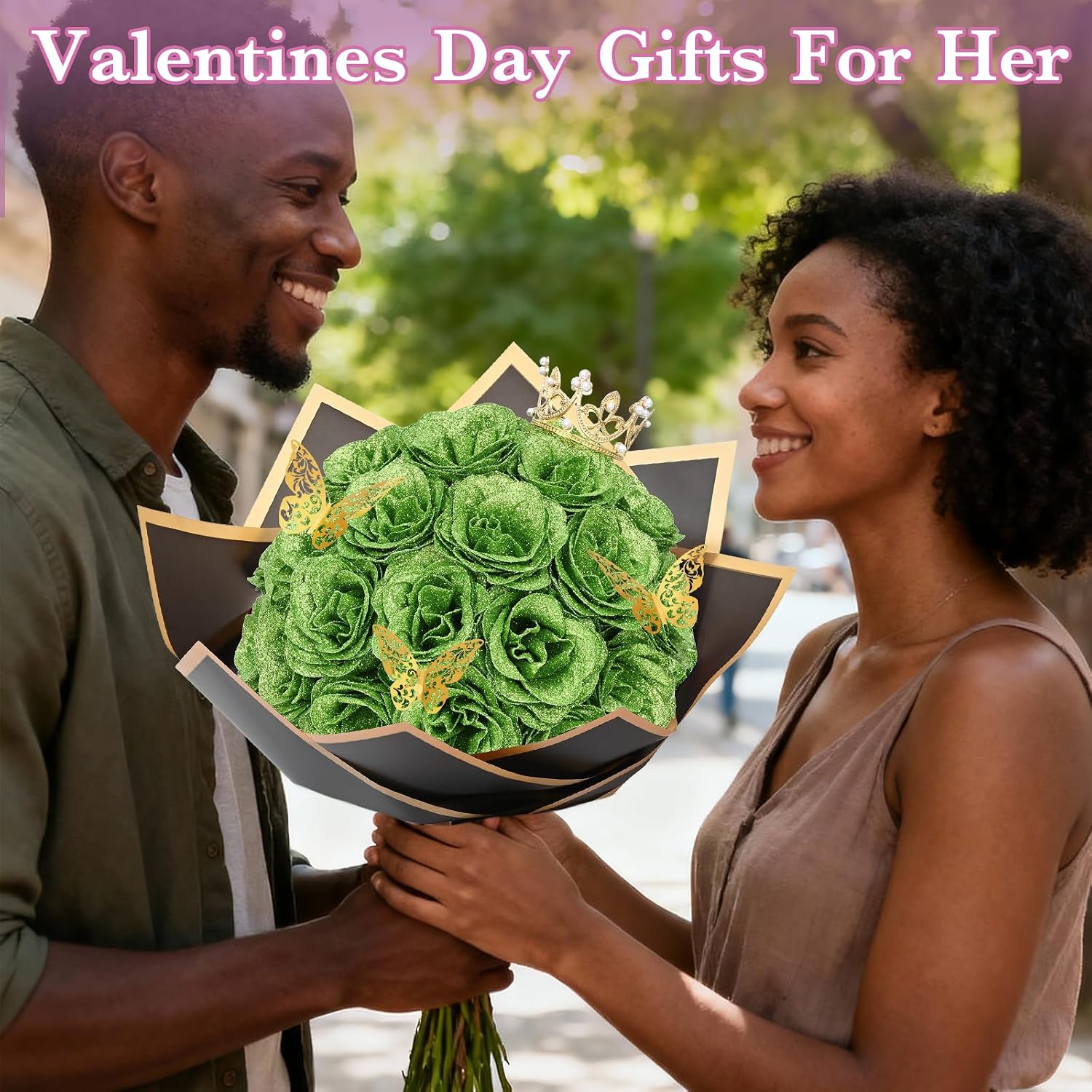Waipfaru Glitter Roses Bouquet, DIY Green Fake Flowers Bouquet, Birthday Gifts for Women Mom, 36 Pcs Rose for Wife Girlfriend Valentines, Mothers Day, Graduation, St. Patrick's Day thumbnail