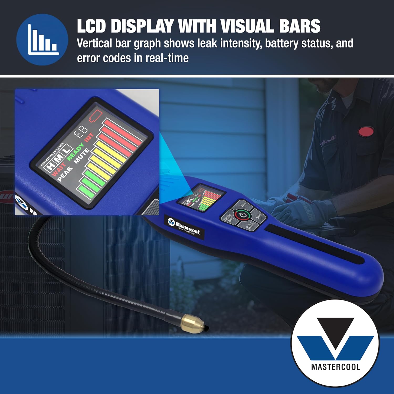 Mastercool 55800 Intellasense Refrigerant Leak Detector – Detects R1234yf, R410a, R32 and More – LCD Display – Flexible Probe – Long-Life Metal Oxide Sensor – Case Included