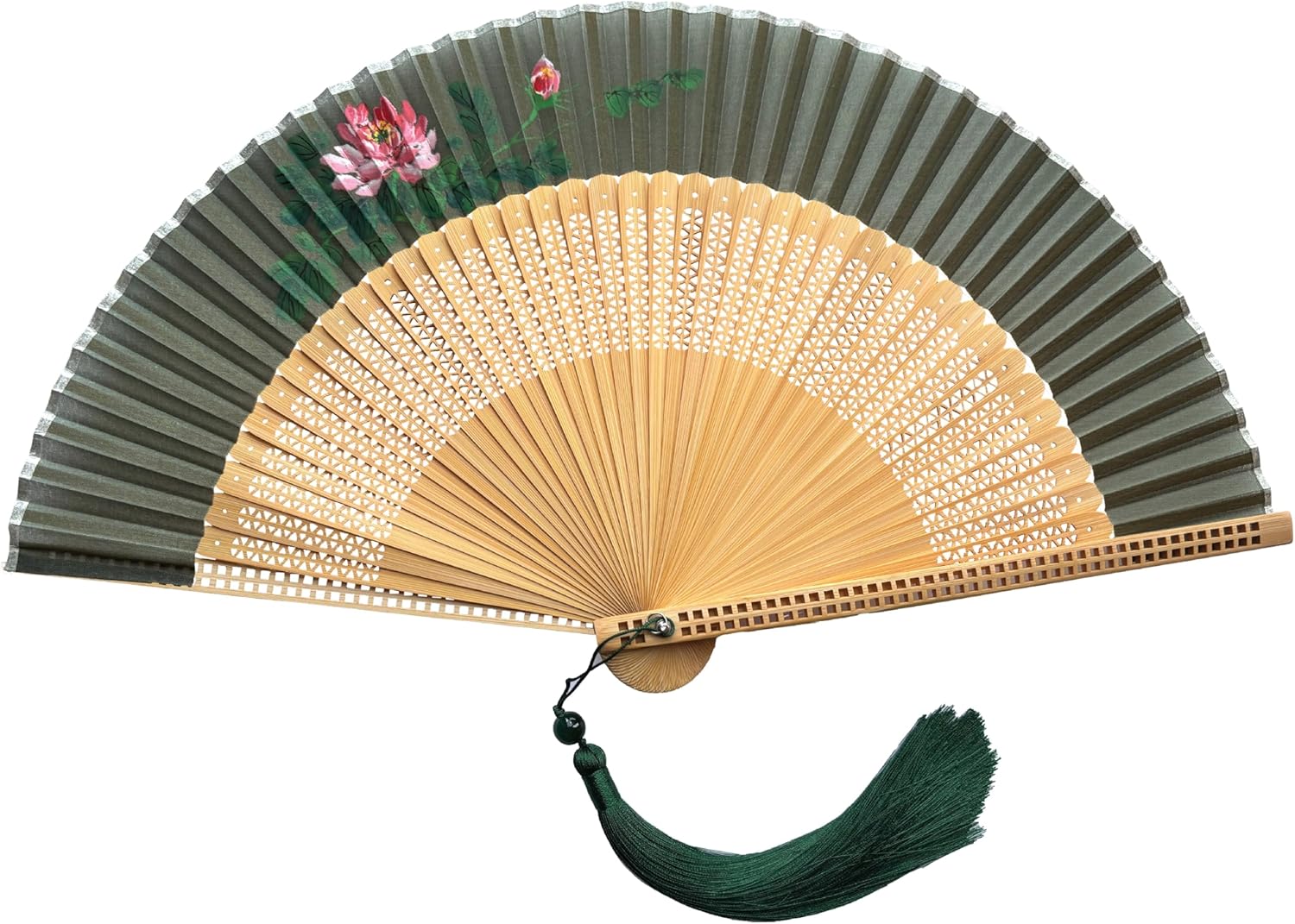 FANSOF.FANS Premium Floral Silk Fabric Border Handheld Folding Fan with Grade A Bamboo Ribs for Women Girls Event Birthday Wedding Favour with Tassel (Single Flower Border - Dark Green)