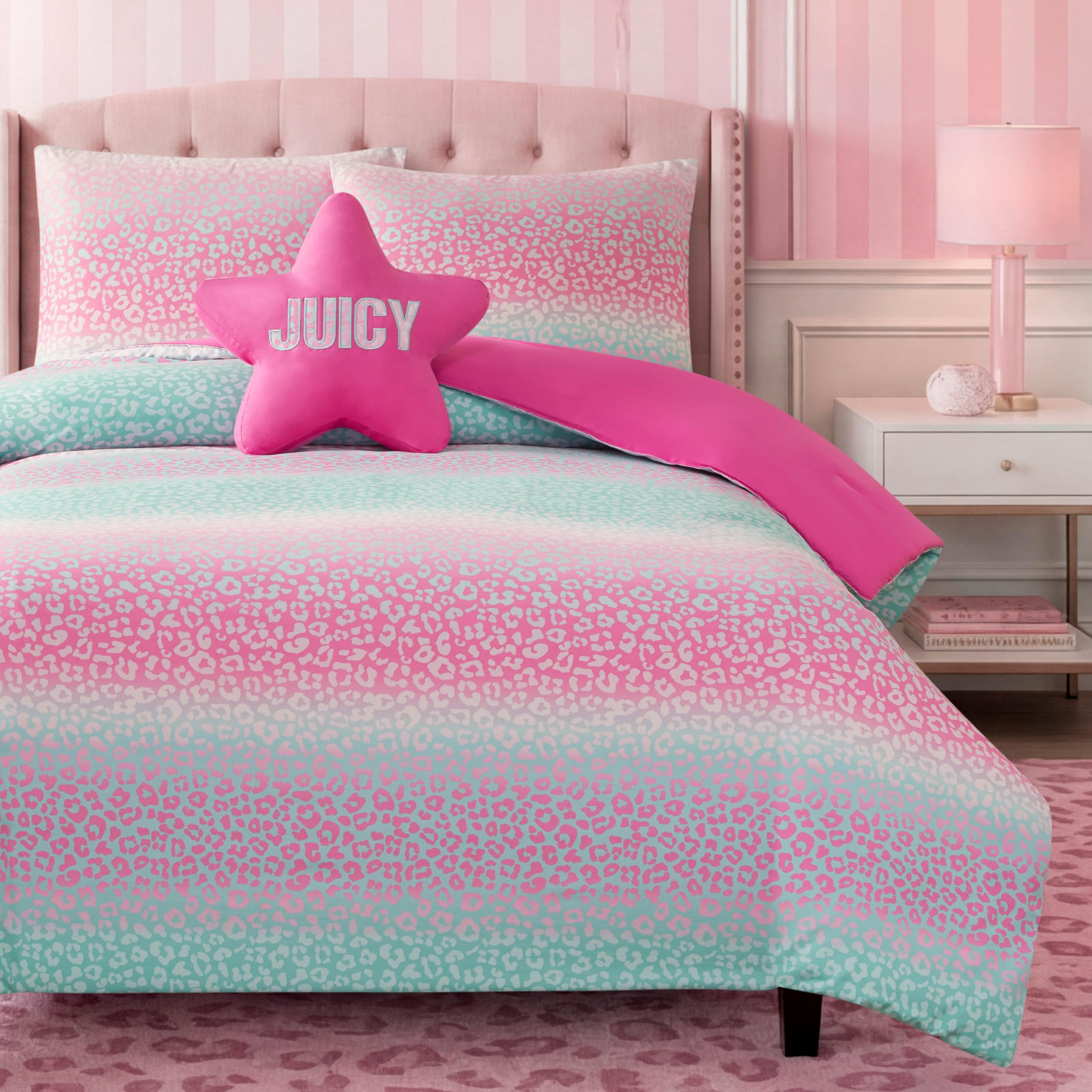 Juicy Couture Kids Rainbow Ombre Leopard Reversible Comforter Set, 100% Polyester Microfiber Bedding with Sham(s) and Decorative Pillow, Rainbow, Twin