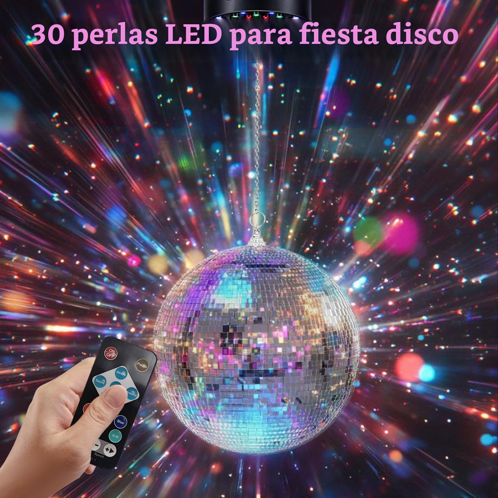 Bola de discoteca con motor y luz (10 U/min) – Bola de discoteca plateada de 20 cm, 6 modos de color y 30 perlas LED, para discoteca, fiesta y efectos de luz (Especificación europea)