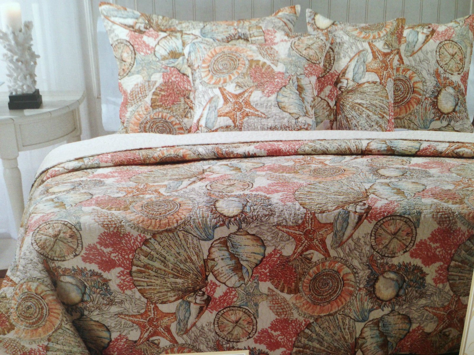 Brushed Ashore Beach House Coastal 3 Piece King Size Quilt & King Size Pillow Shams Bedroom Set Coral Seashell Starfish Tropical Nautical