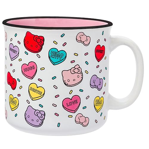 Silver Buffalo Sanrio Hello Kitty Valentine Candy Hearts And Bows Love and Bestie Pattern Ceramic Camper Mug, 20 Ounces - 20 Ounces - Hello Kitty Candy Hearts
