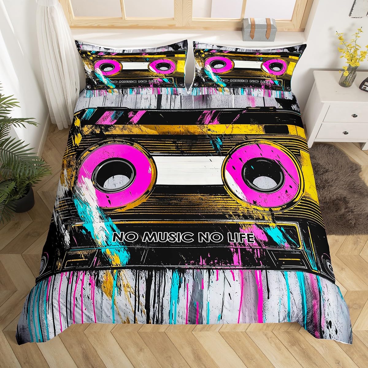 Homemissing Vintage Graffiti Street Art Duvet Cover Set Single Size For Kids Boys Girls Teens Retro Cassette Tape Bedding Set Music Theme Duvet Cover with 1 Pillowcase Soft Breathable Bedding — image 1