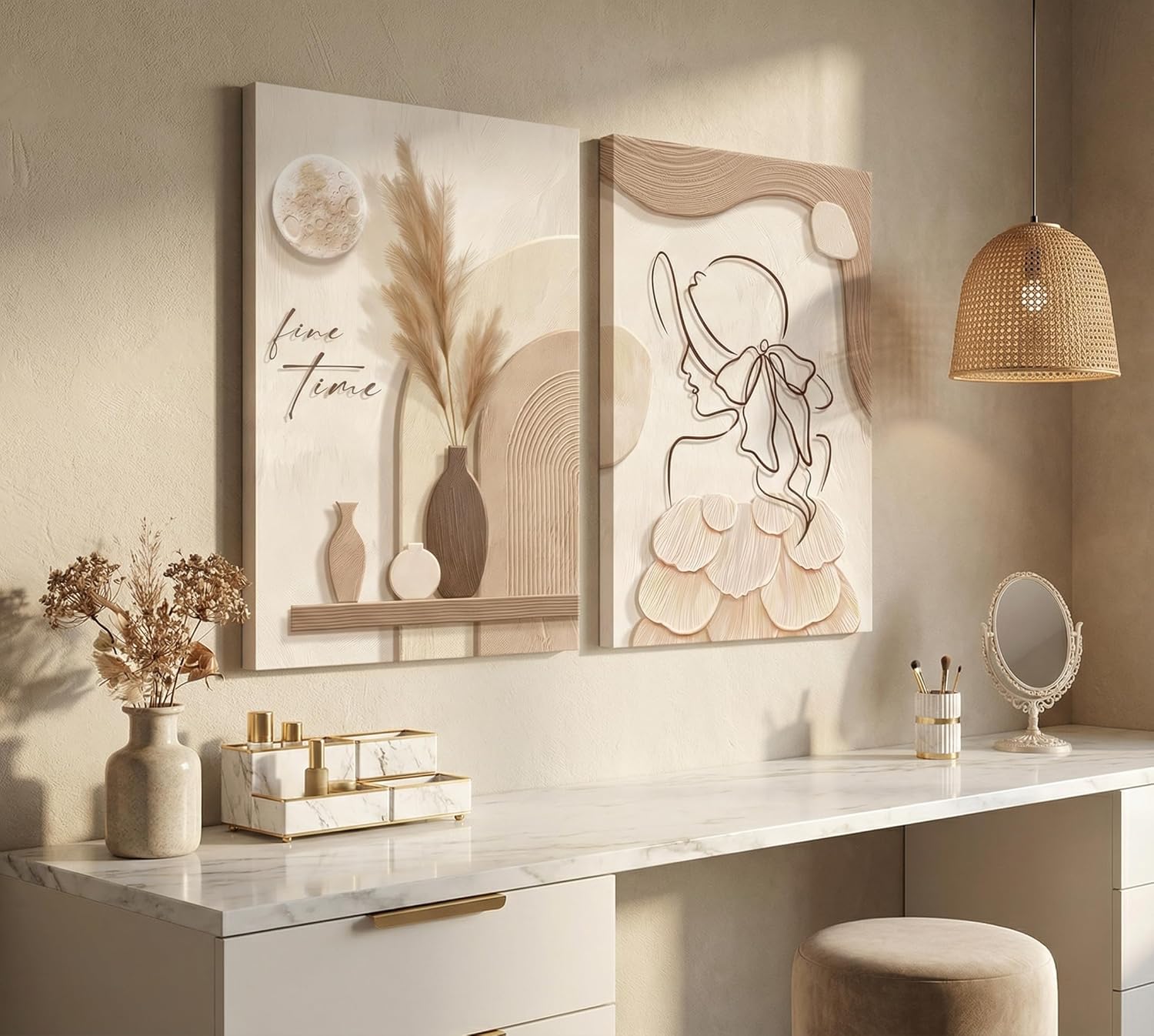2pcs Neutral Abstract Canvas Wall Art Tan And Cream Beige Minimalist Wall Decor Pictures Modern Abstract Geometry Woman Posters Prints Paintings for Living Room Bedroom Bathroom Home Decorate