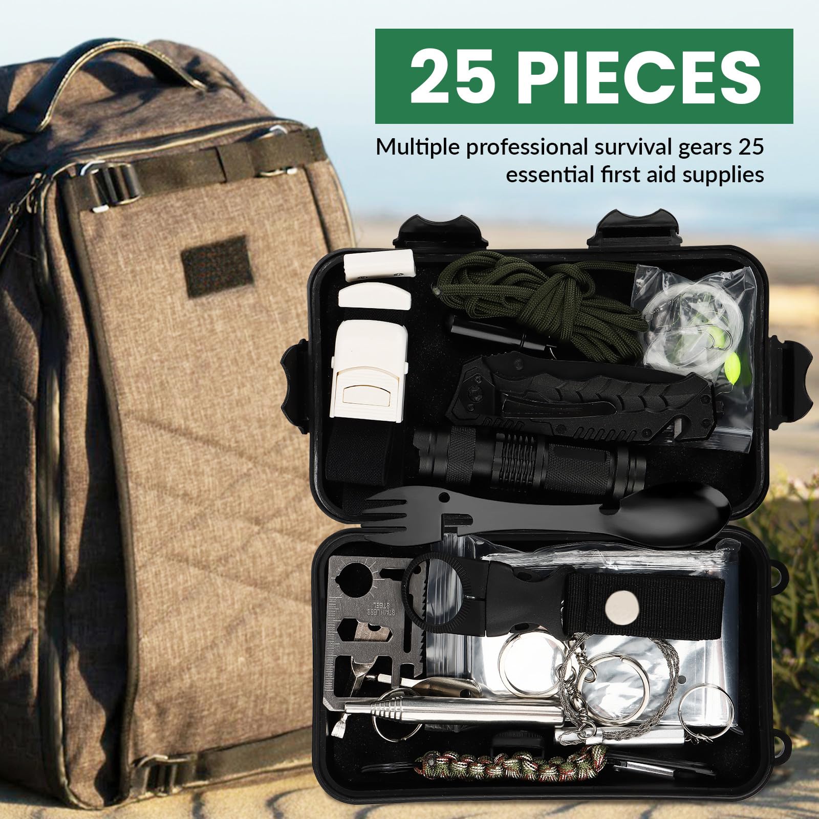 Kit de Supervivencia, 25 en 1 Equipo de Supervivencia, Profecional Multifuncional Kits Tácticos, Supervivencia de Bolsa de Herramientas para Que Viajan Hacen Senderismo Montañismo Acampa