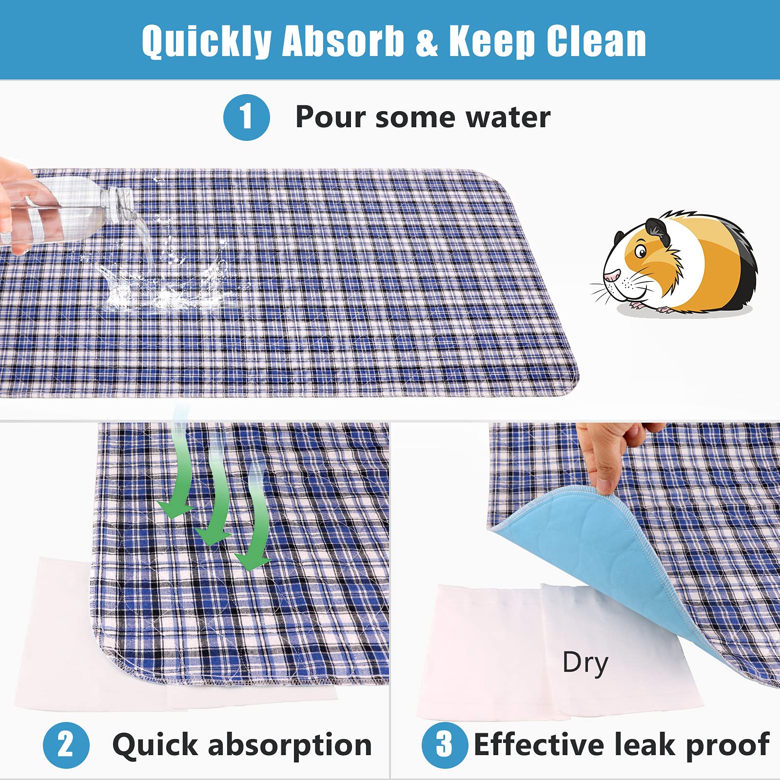 4 Pack Guinea Pig Cage Liners - Washable, Waterproof, Non-Slip Pee Pads, 24 X 47 Inches