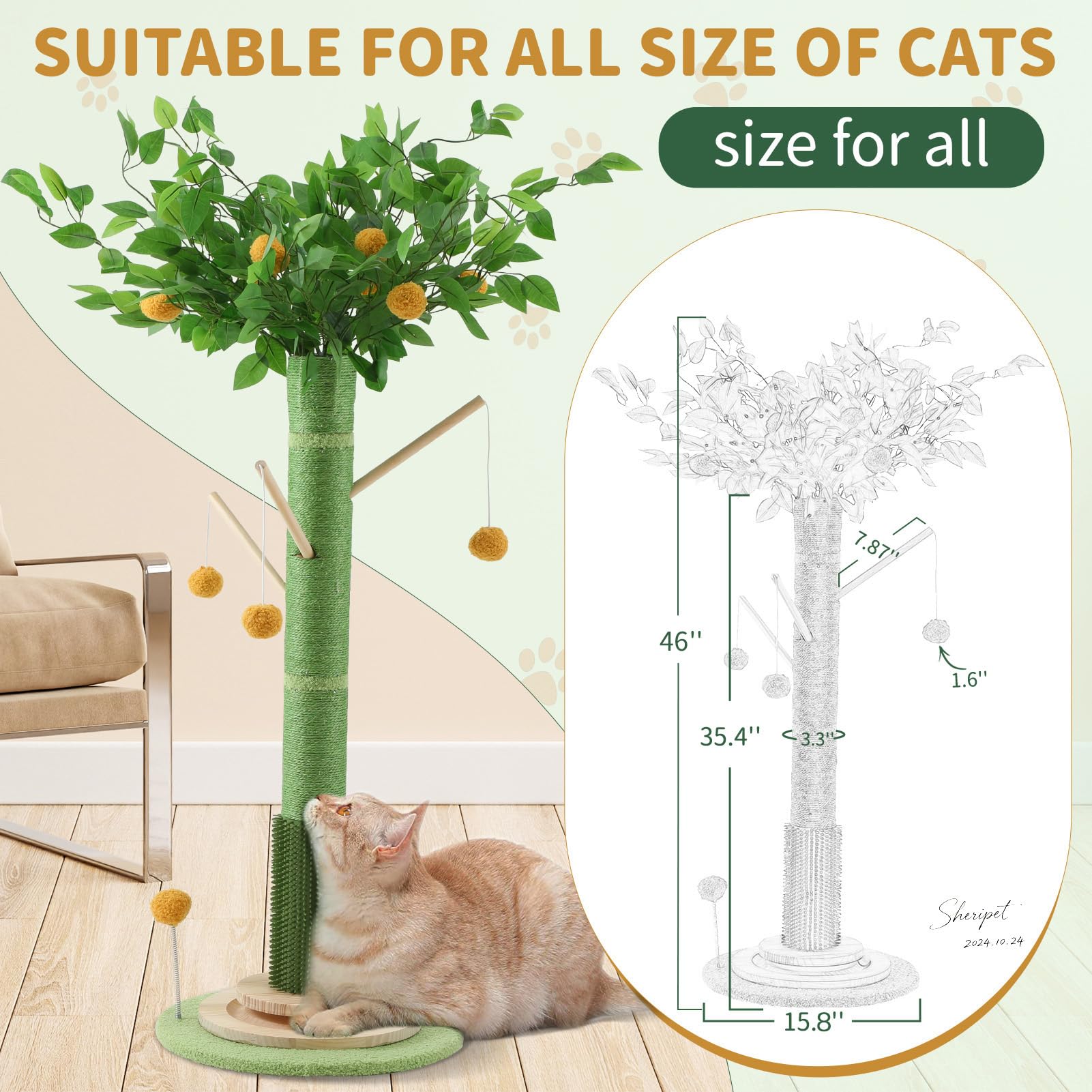 Poste rascador para gatos de interior y adultos, 45 pulgadas de alto con cuerda de sisal, postes rascadores grandes con bola colgante para gatitos y gatos medianos y grandes